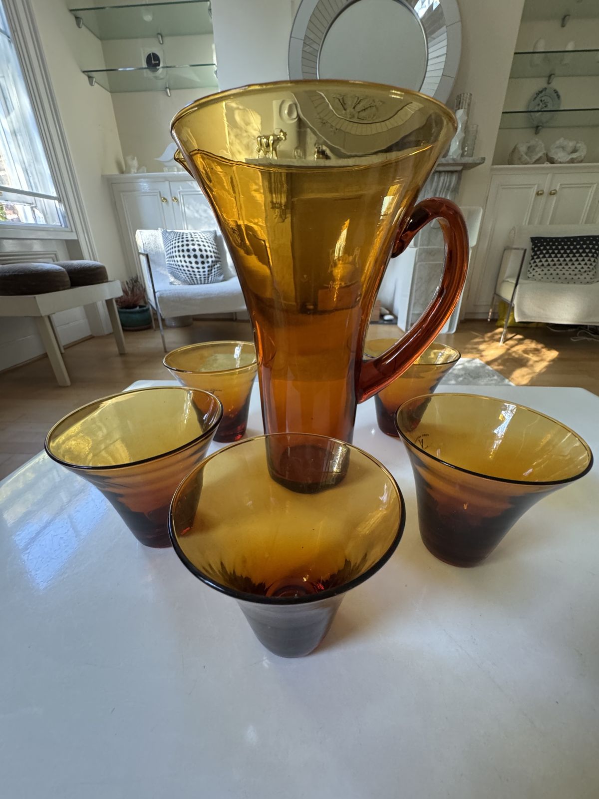 Vintage 1950's Amber Hand Blown Glass Pitcher And Glasses Set photo furniture