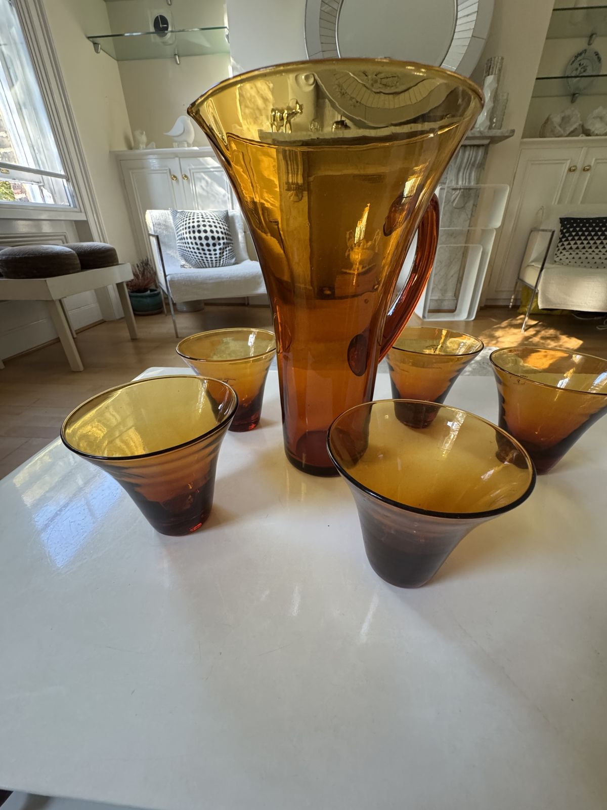Vintage 1950's Amber Hand Blown Glass Pitcher And Glasses Set photo for sale