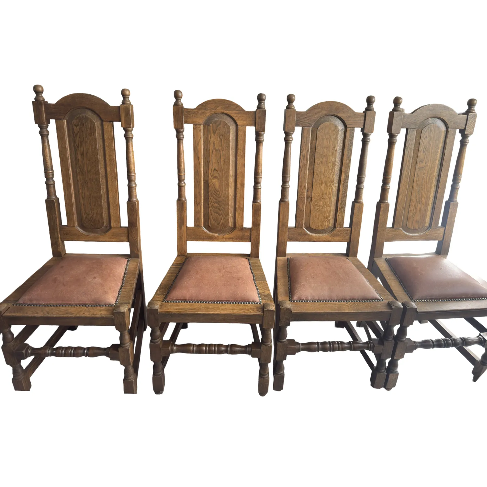 Set Of 4 Oak Chairs Antique Style Solid Wood And Leather Seats Chairs photo furniture