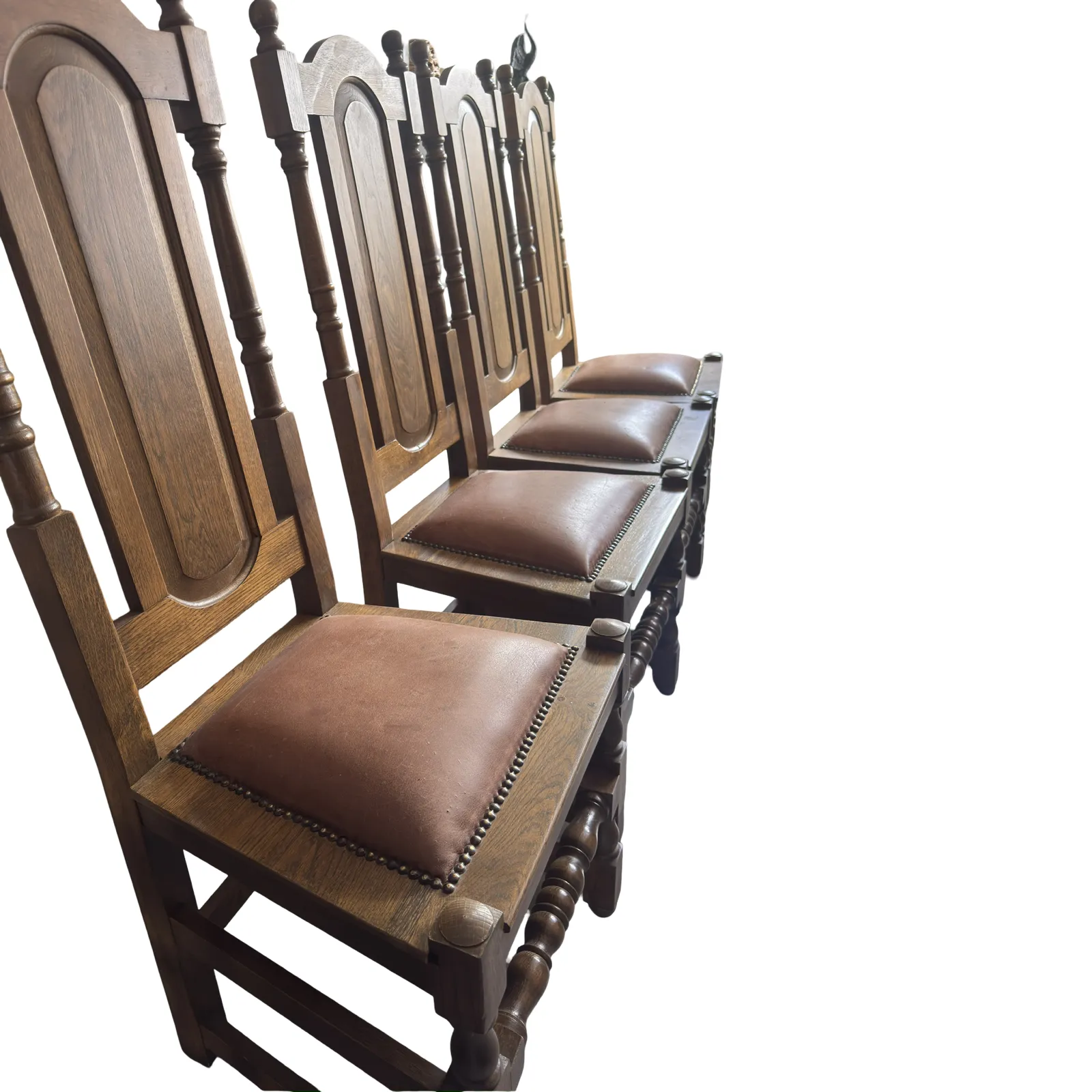 Set Of 4 Oak Chairs Antique Style Solid Wood And Leather Seats Chairs photo vinterior