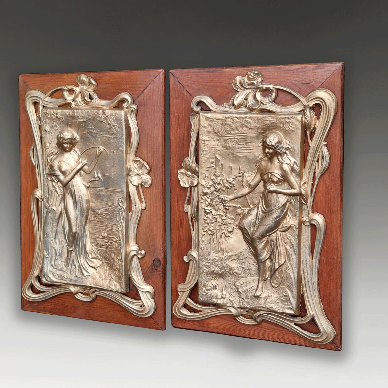 Pair Of Art Nouveau Gilded Pewter Plaques In Frames  Lovely Quality  C1895 43cmh photo furniture