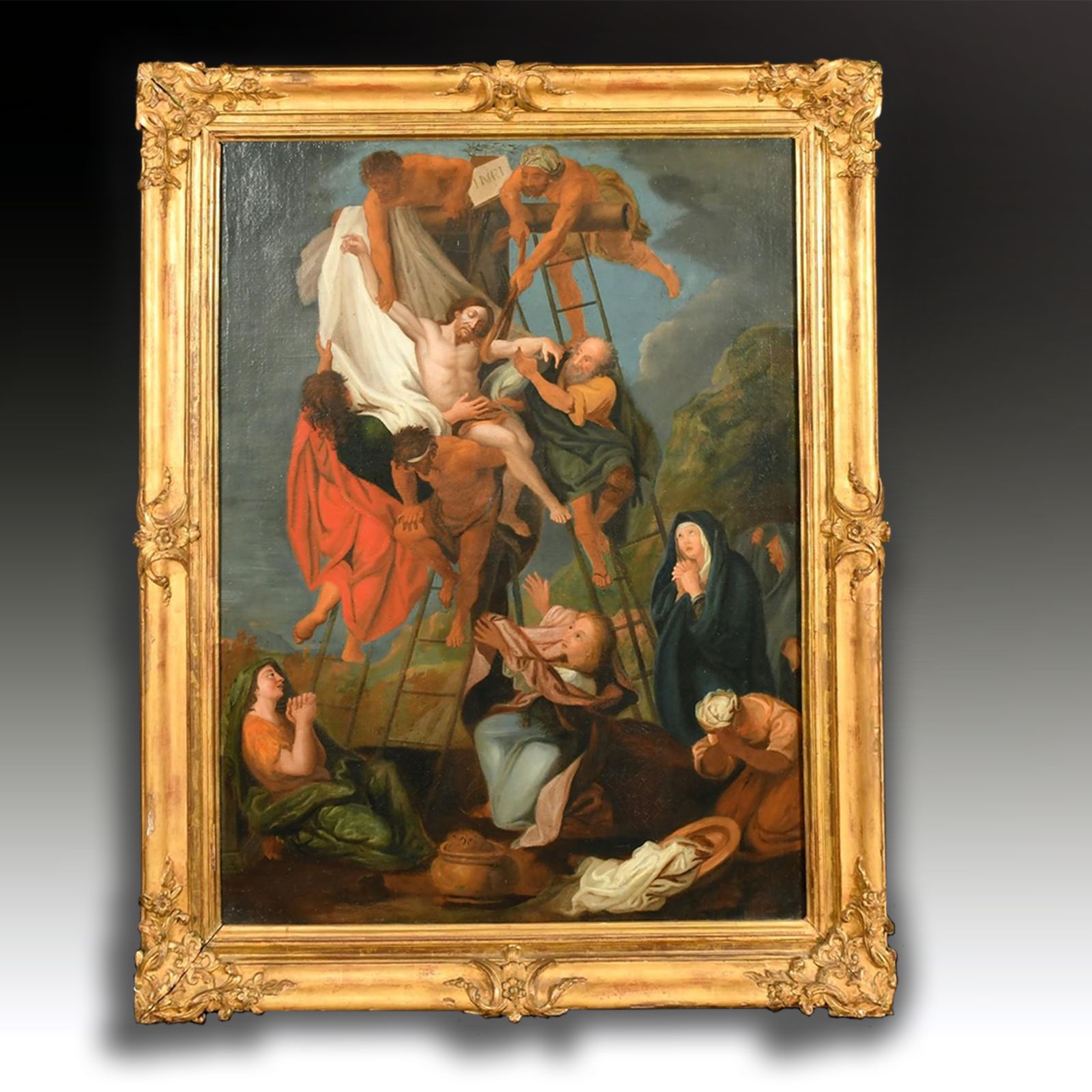 Antique Late 18th Century Oil  Decent From The Cross Follower Of Charles Le Brun
