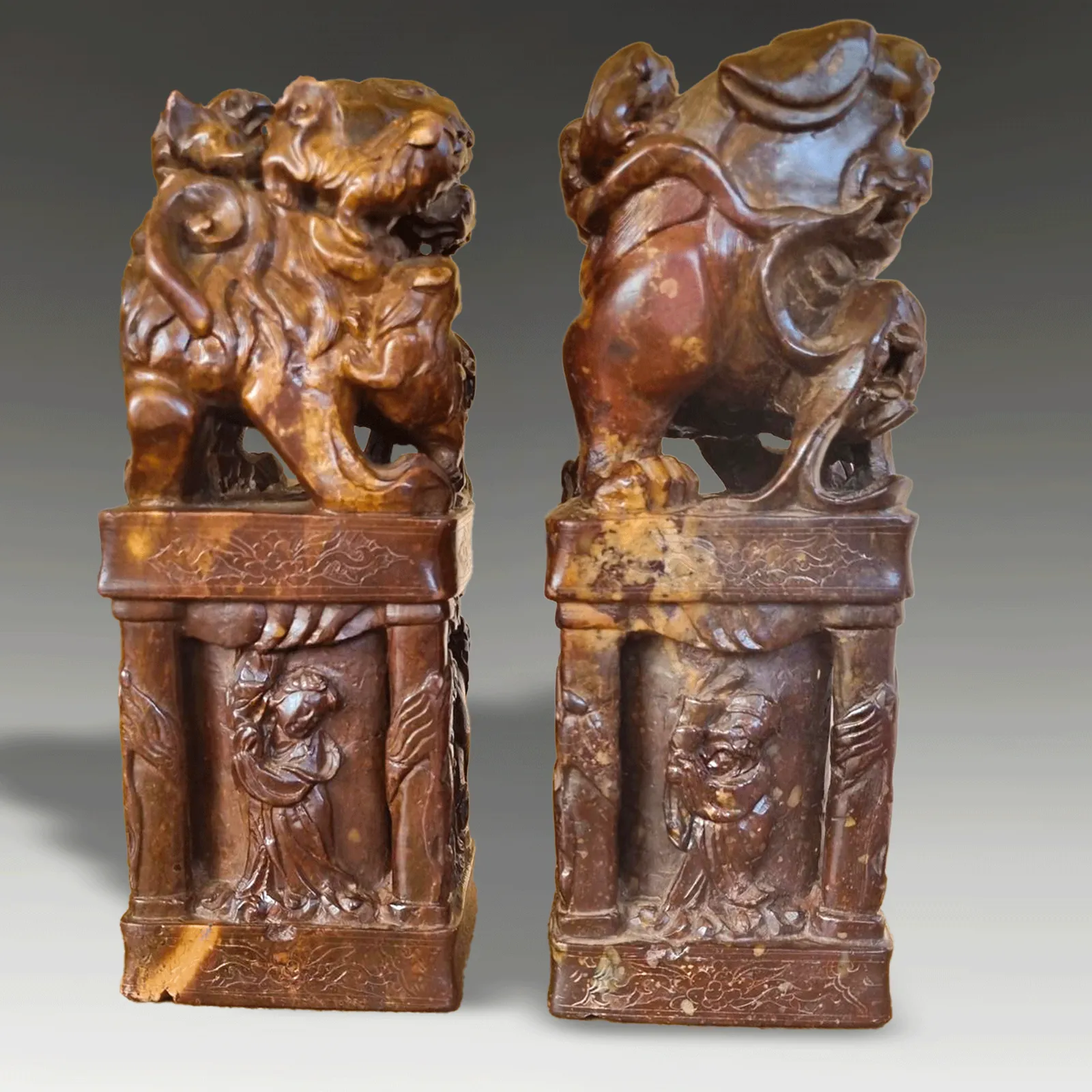 Antique Pair Chinese Carved Stone Seals "Buddhist Lions" C1820  Superb Quality photo 1007.0