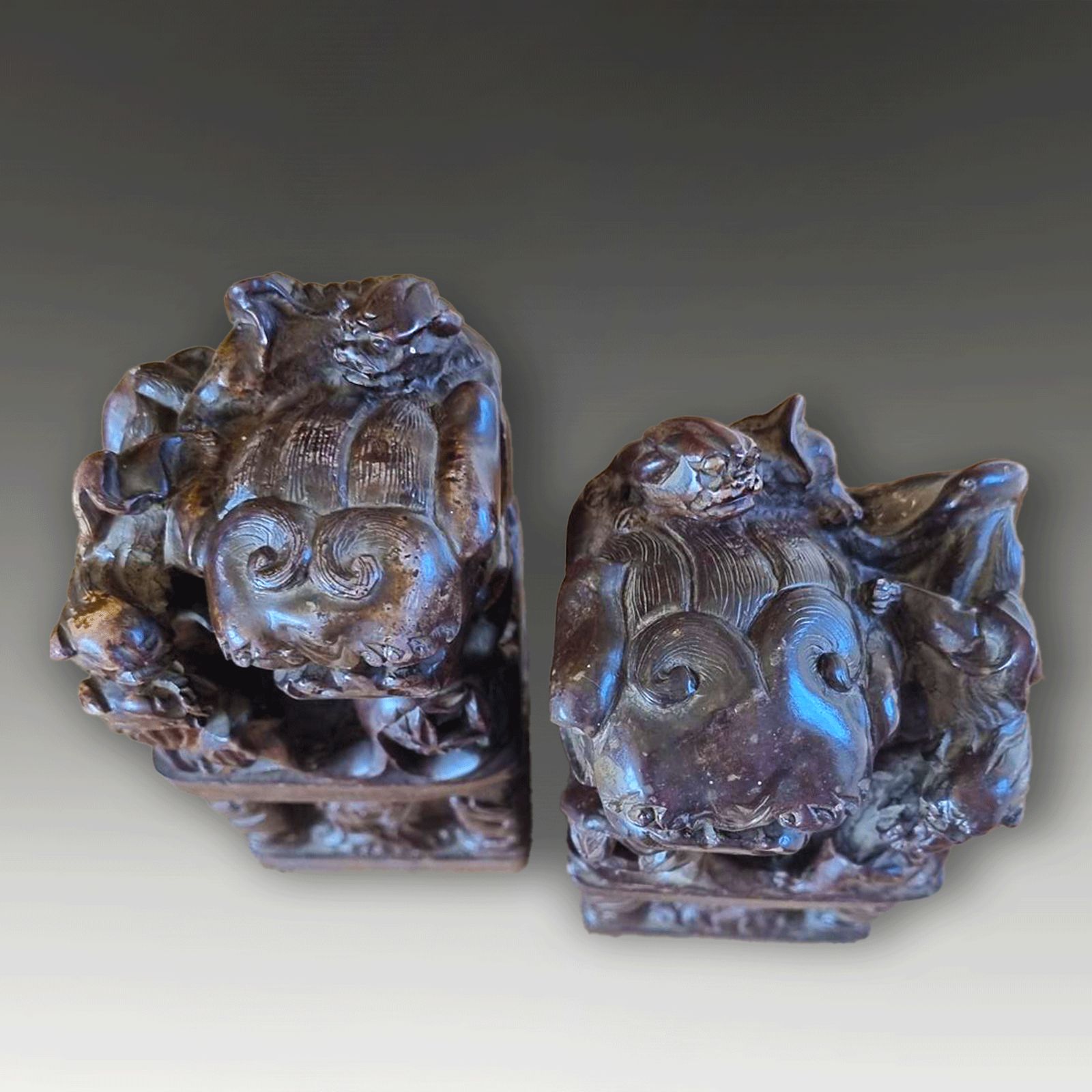 Antique Pair Chinese Carved Stone Seals "Buddhist Lions" C1820  Superb Quality photo vinterior