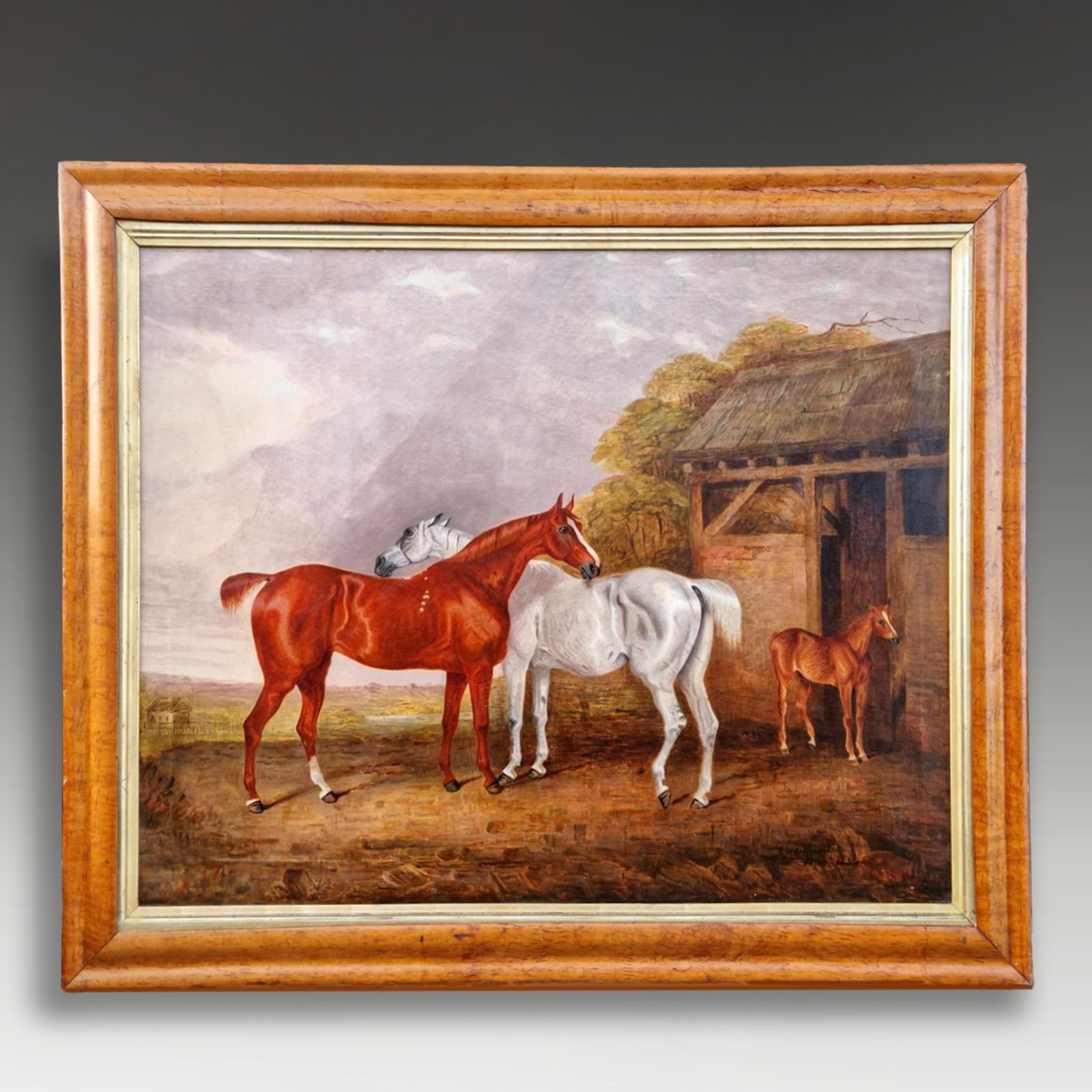 Grey And Chestnut Horses With Foal  Oil Painting Dated 1834  R.W.Folkard 105cm W