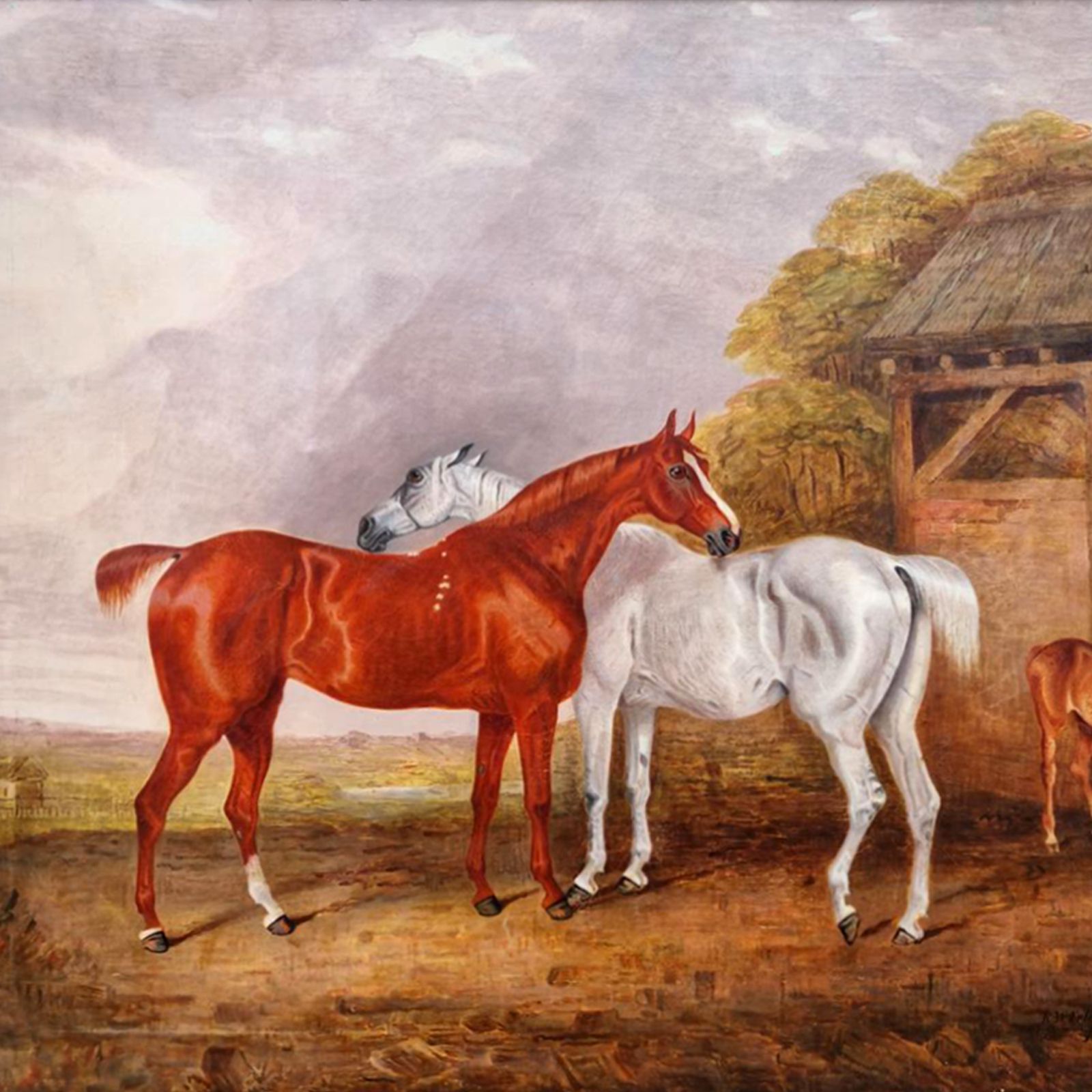 Grey And Chestnut Horses With Foal  Oil Painting Dated 1834  R.W.Folkard 105cm W photo furniture