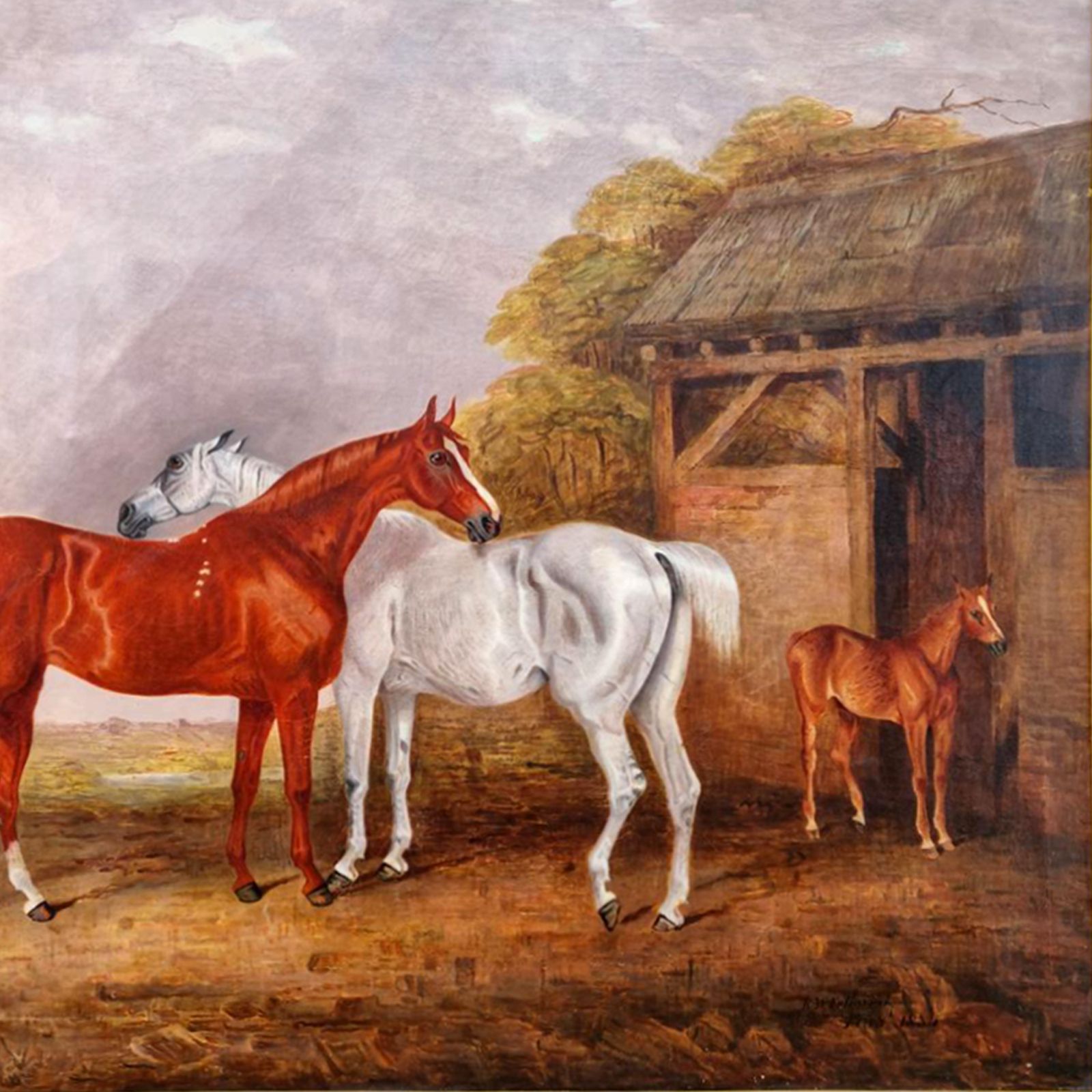 Grey And Chestnut Horses With Foal  Oil Painting Dated 1834  R.W.Folkard 105cm W photo for sale