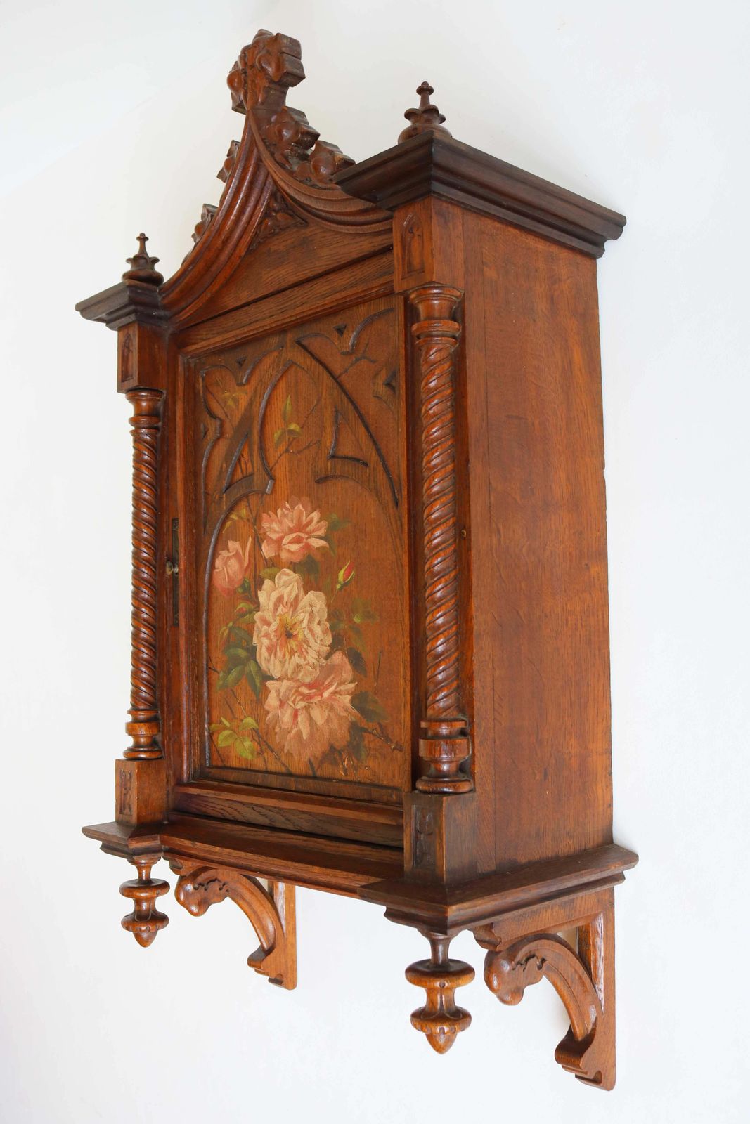 Antique Small Wall Cabinet Gothic Revival Hand Carved Oak Painted Twist Church photo for sale