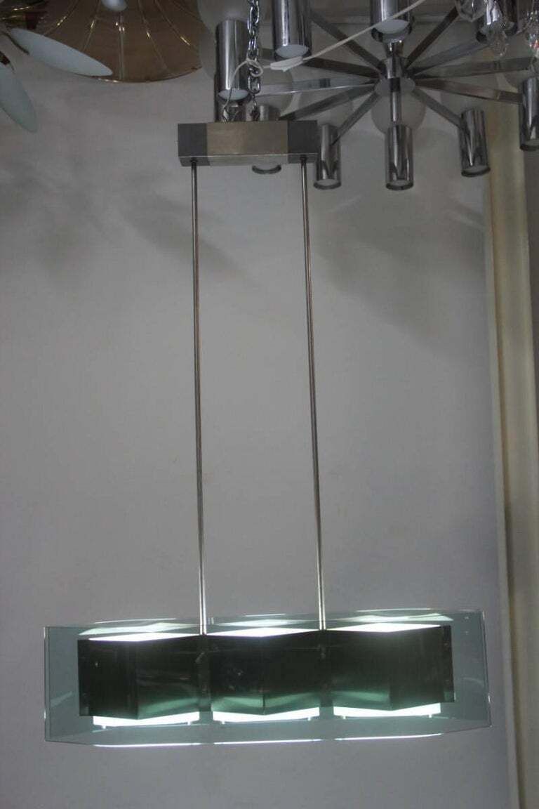 Bruno Gatta Chandelier Stilnovo Steel Crystall Mid Century Modern Italian Design photo for sale