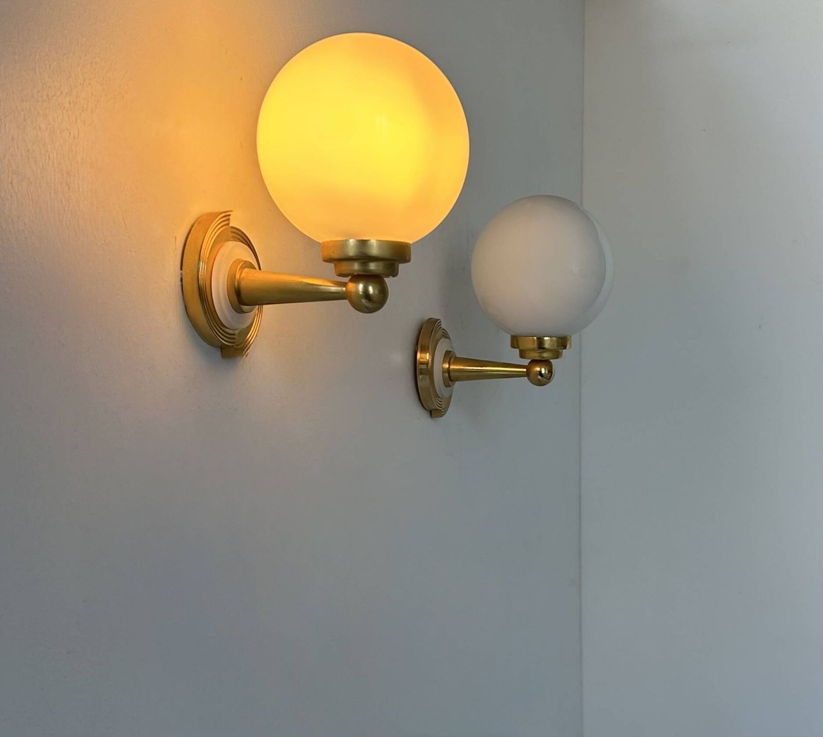 Pair Of Vintage Wall Lights, Brass And Opaline, France, 1980 photo furniture