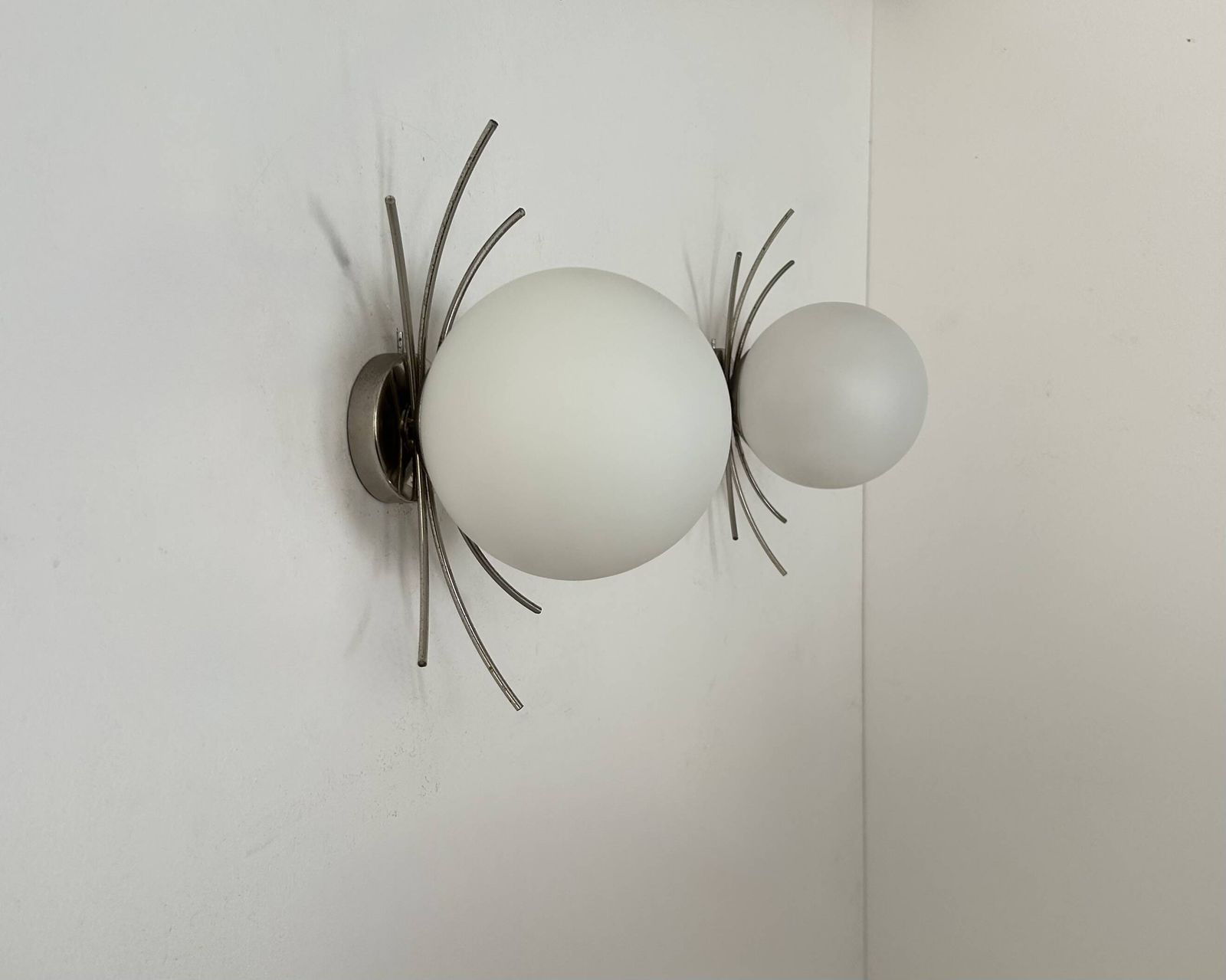 photo for sale Pair Of Vintage Wall Lights, Chrome And Opaline, France, 1970