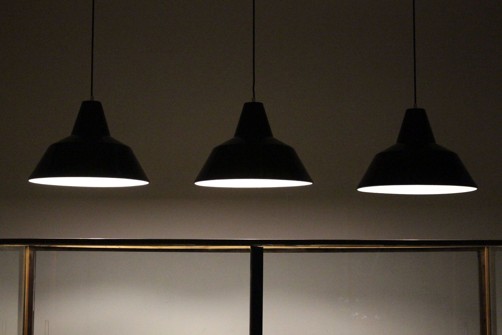 Set Of 3 Large Mid Century Enamelled Metal Industrial Lamps photo furniture