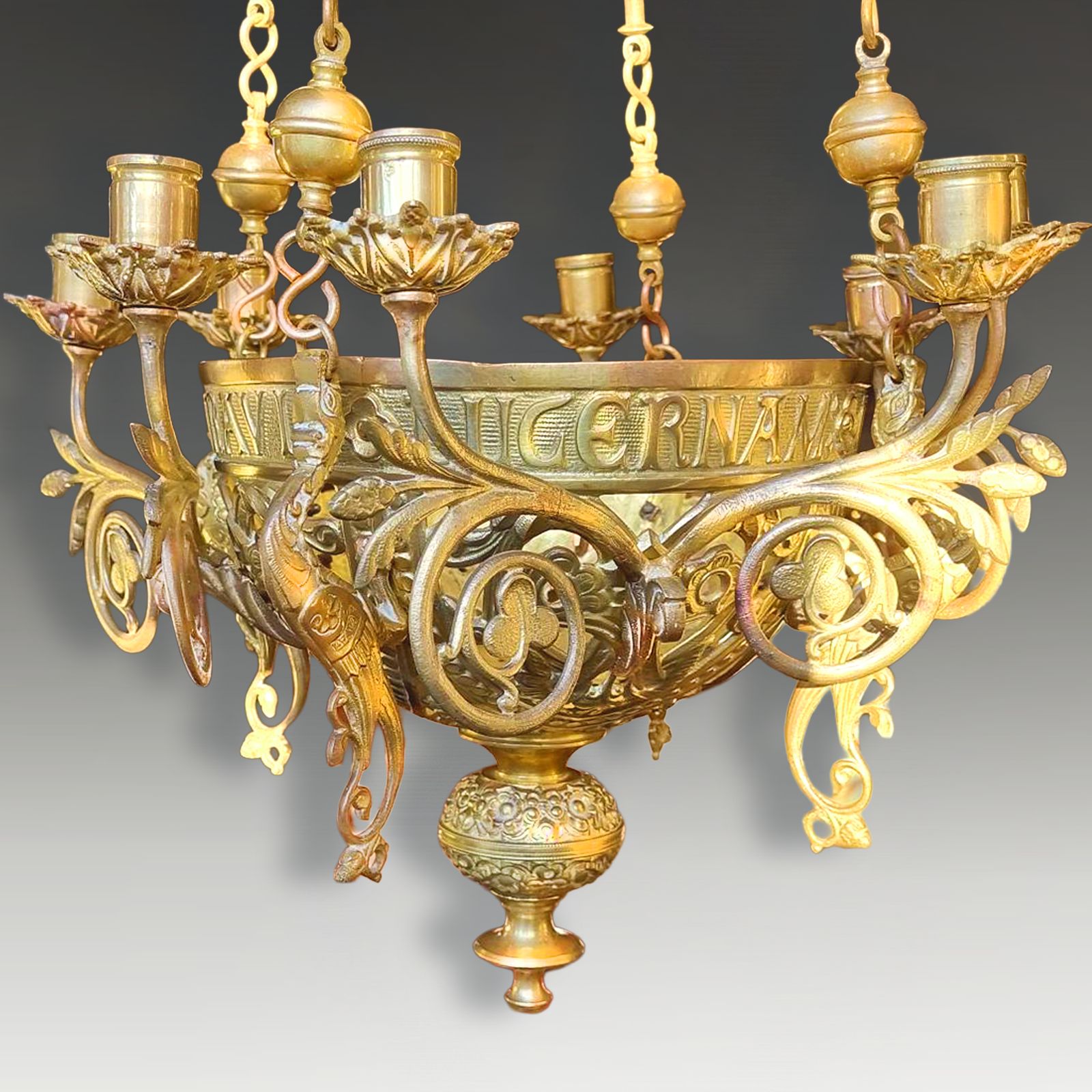 19th C Arts And Crafts Bronze Chandelier Of Extraordinary Quality 65cm X 38cm photo Lighting