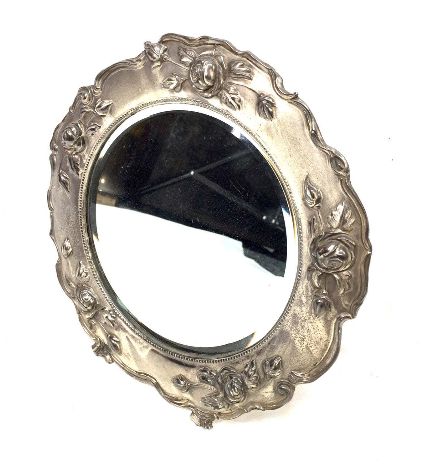 Antique Silverplated Tabletop Round Mirror Victorian Rococo Revival With Rose photo Home Decor