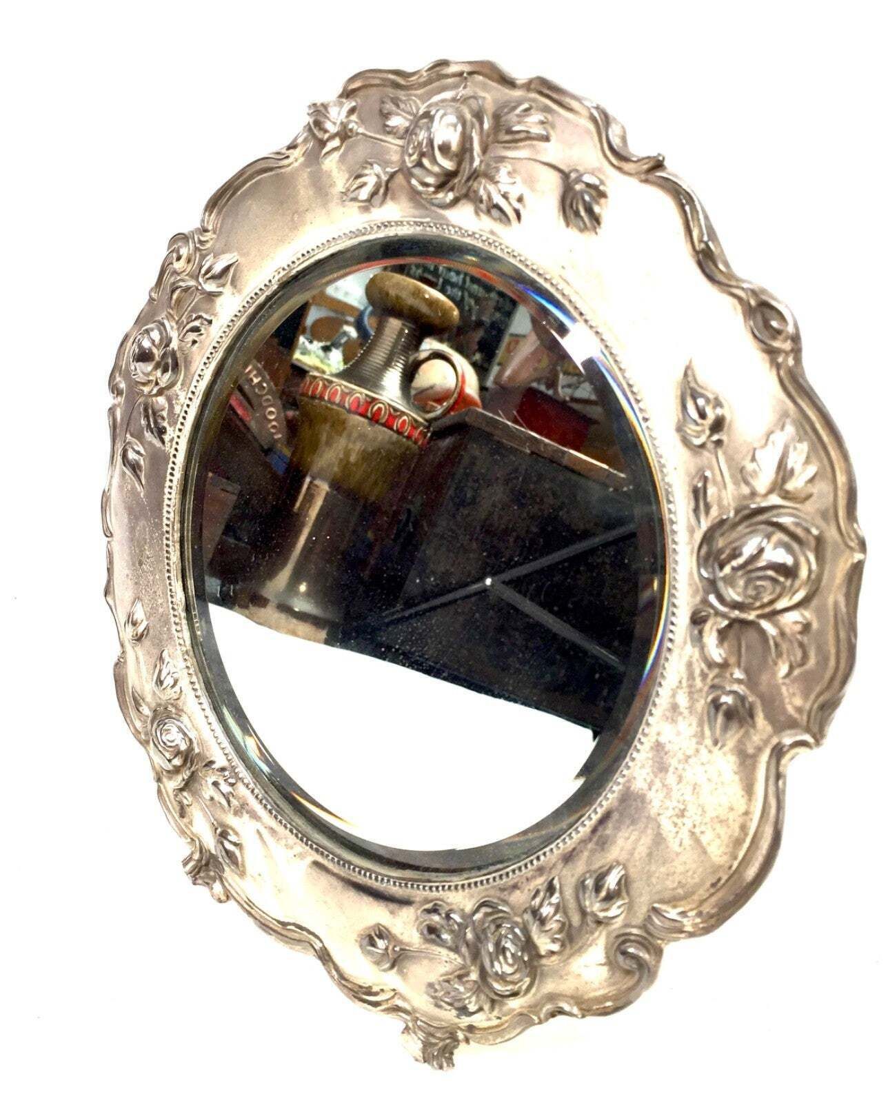 Antique Silverplated Tabletop Round Mirror Victorian Rococo Revival With Rose photo 89.0
