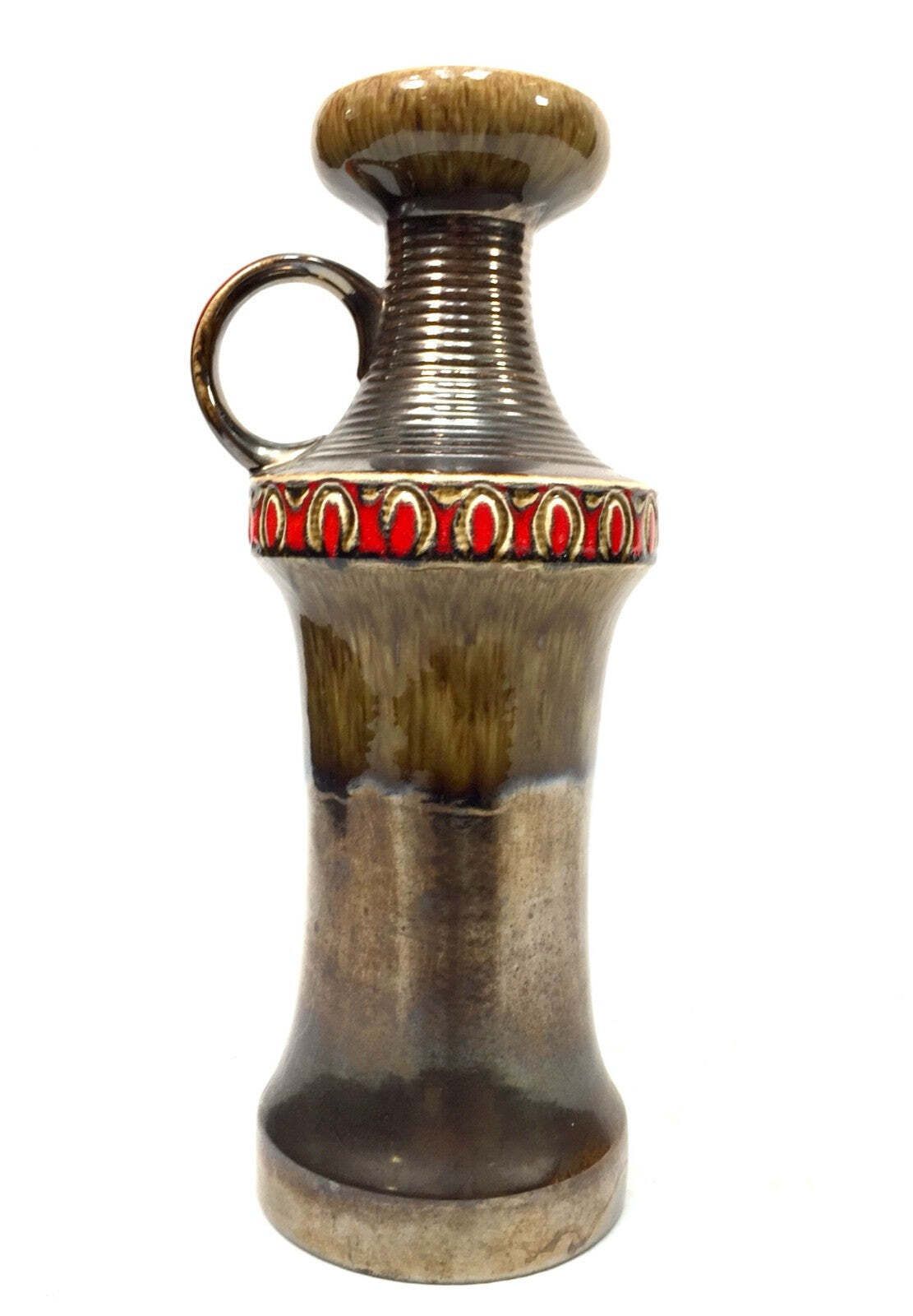 Vintage Large West German Jasba Pottery Vase Jug / Retro 1970s / Brown & Red photo vinterior