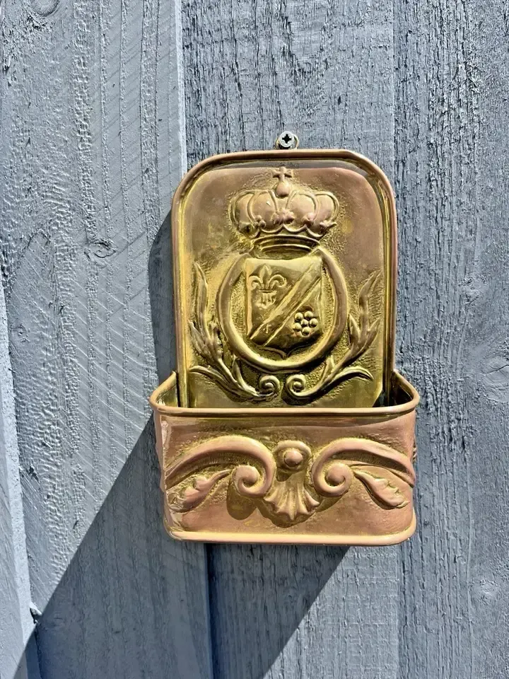 Antique French 19th Century Brass Fireside Candle Box Heraldic Crown Shield photo furniture