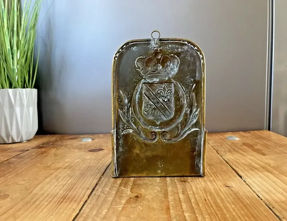 Antique French 19th Century Brass Fireside Candle Box Heraldic Crown Shield photo buy
