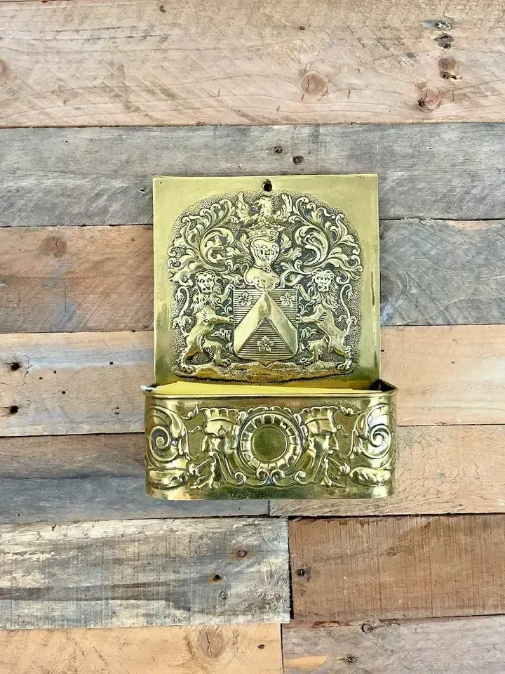 Antique Dutch 19th Century Brass Fireside Candle Box Armour Knight Shield Lions photo 295.0