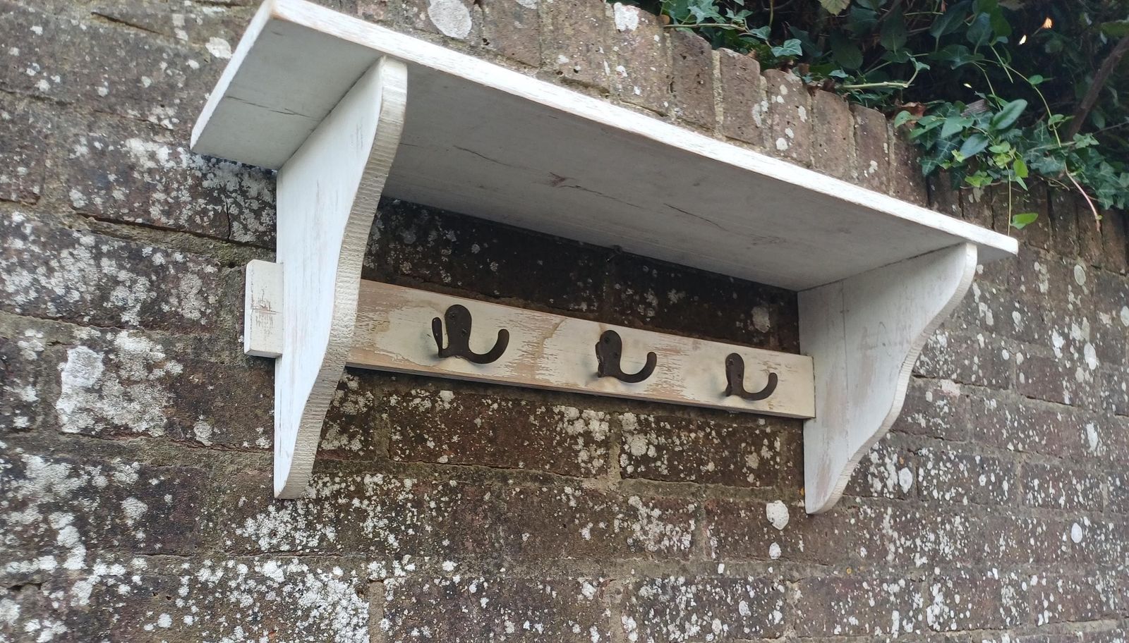 Vintage Rustic Pine Wall Shelf With Iron Coat Hooks, English Country Style, C.1980s–1990s