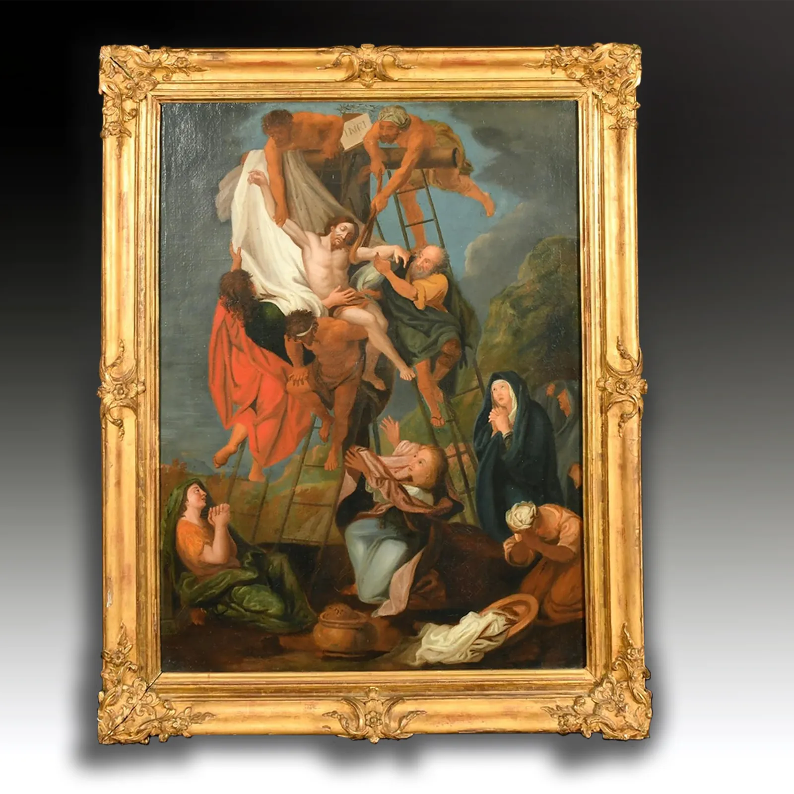 18th Century Oil On Canvas  "Decent From The Cross" Follower Of Charles Le Brun