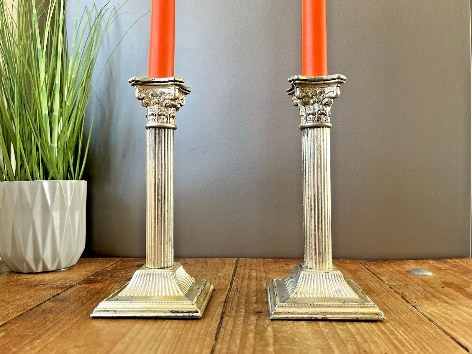 Pair Of 8.25" Antique Epns Corinthian Column Pillar Candlesticks Candle Holders