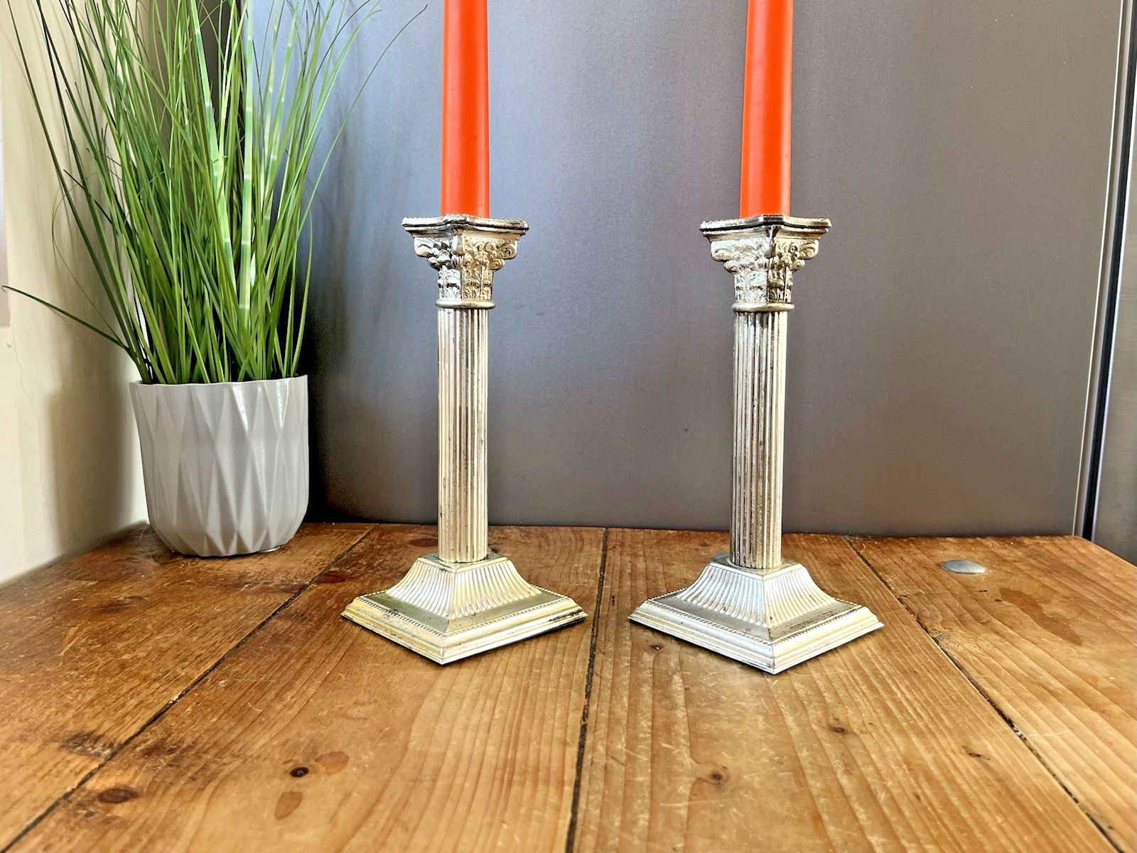 Pair Of 8.25" Antique Epns Corinthian Column Pillar Candlesticks Candle Holders photo Home Decor