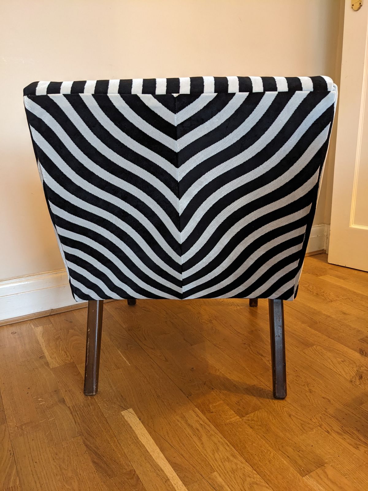 Mid Century Lounge Chair, Upholstered In Christian Lacroix Monochrome Fabric photo for sale