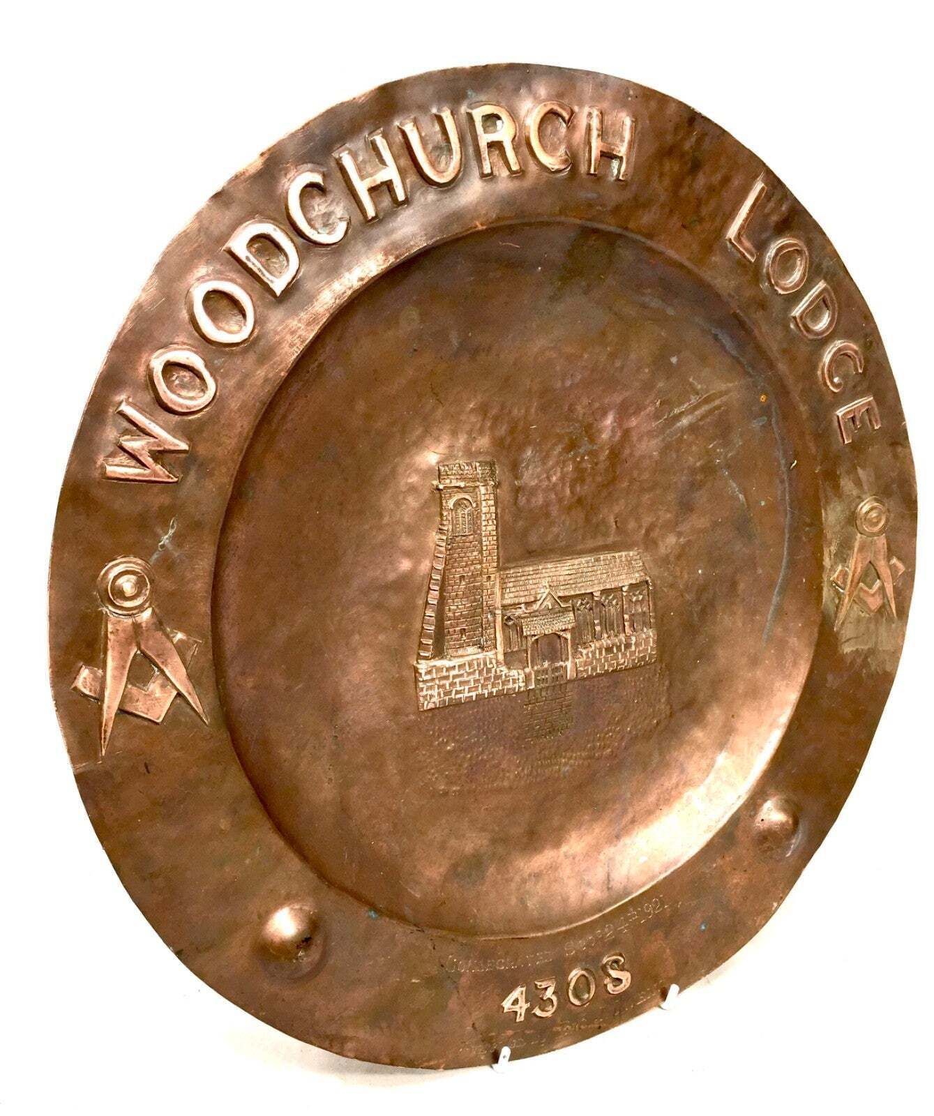 Antique Masonic Commemorative Copper Charger Woodchurch Lodge 4308 Freemasonry photo for sale