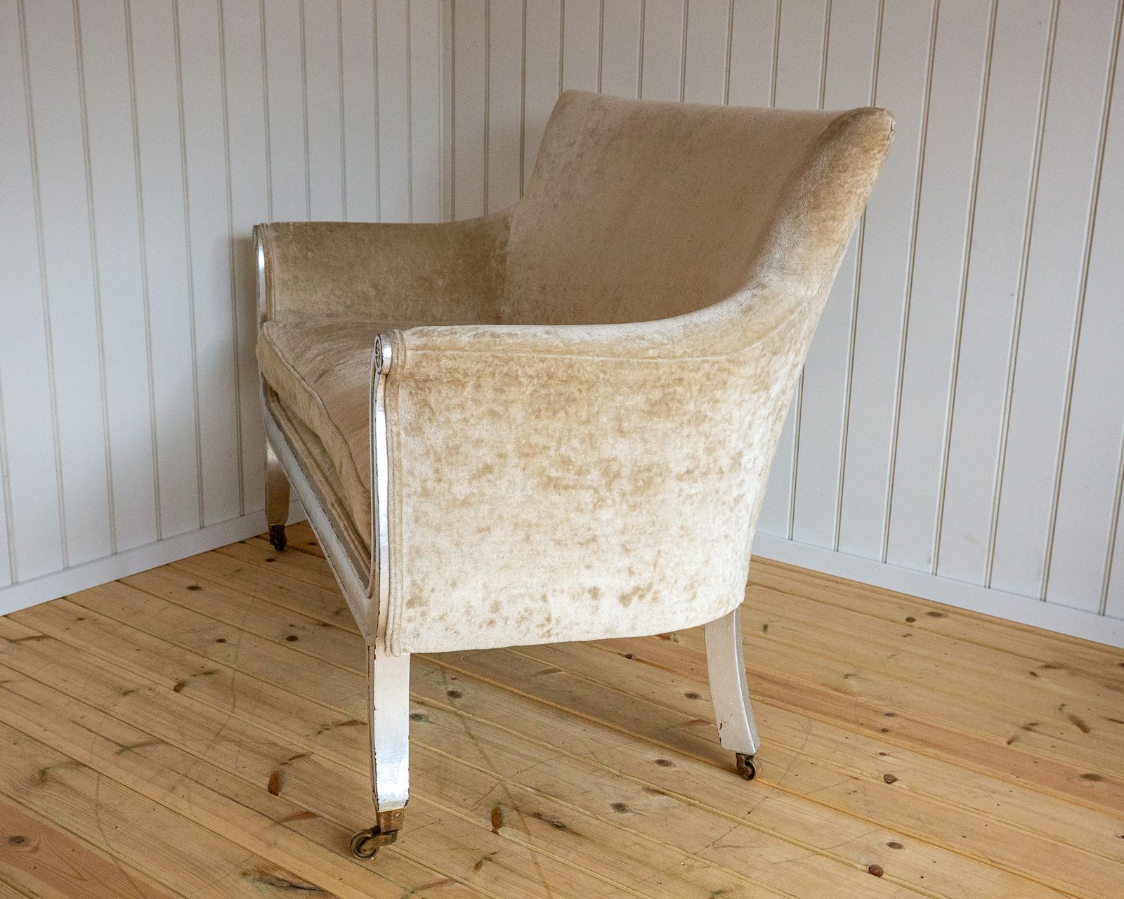 French Restauration Period Sofa 2 Seater Luxury Champagne Crushed Velvet Biedermeier Charles X Restoration Period Antique Silver Sleigh Scrolled 1830 photo 4950.0