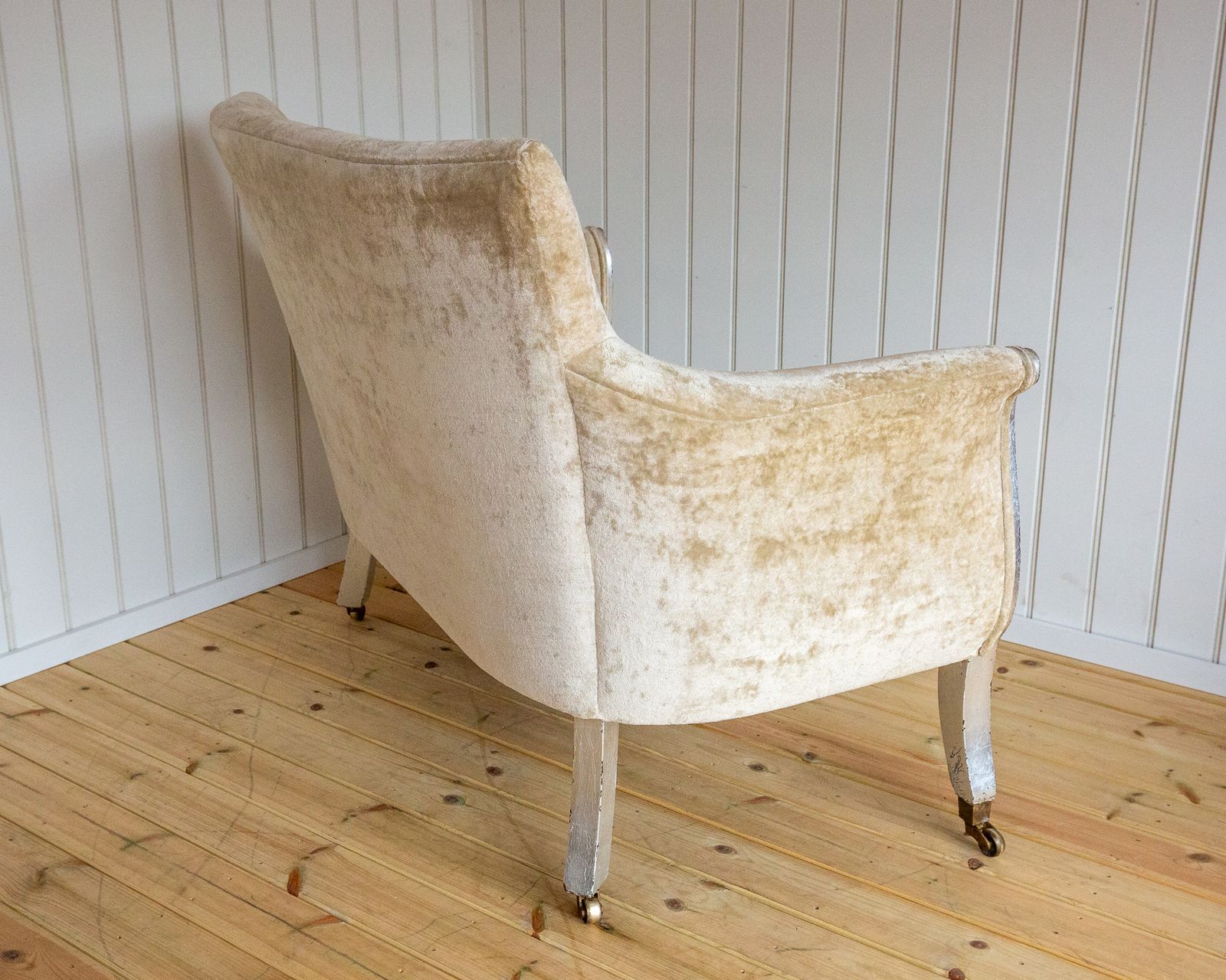 French Restauration Period Sofa 2 Seater Luxury Champagne Crushed Velvet Biedermeier Charles X Restoration Period Antique Silver Sleigh Scrolled 1830 photo vintage