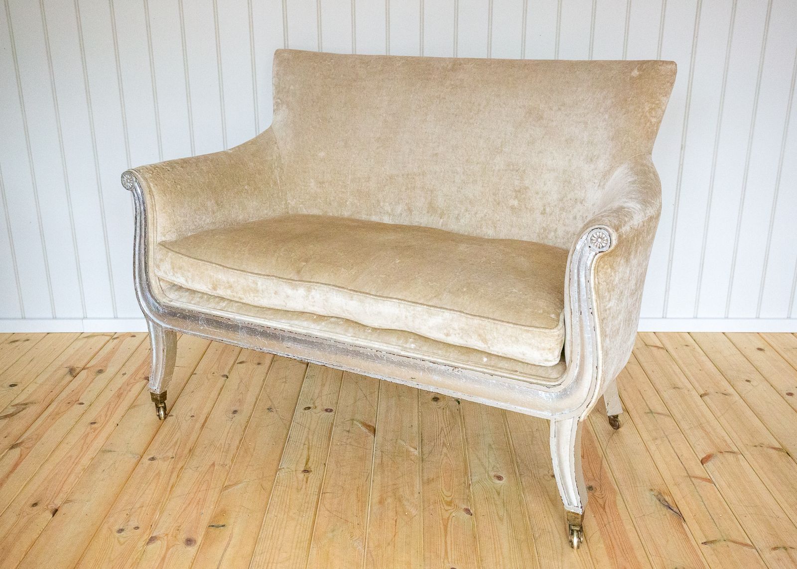 photo buy French Restauration Period Sofa 2 Seater Luxury Champagne Crushed Velvet Biedermeier Charles X Restoration Period Antique Silver Sleigh Scrolled 1830