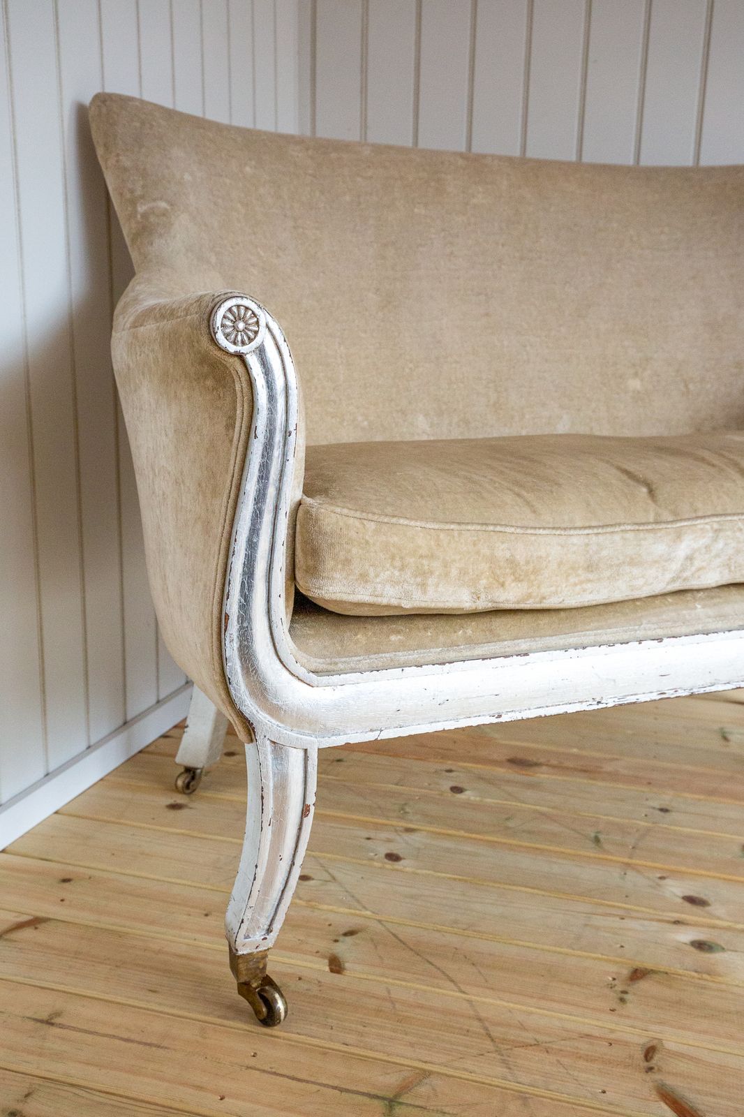 Furniture French Restauration Period Sofa 2 Seater Luxury Champagne Crushed Velvet Biedermeier Charles X Restoration Period Antique Silver Sleigh Scrolled 1830 photo