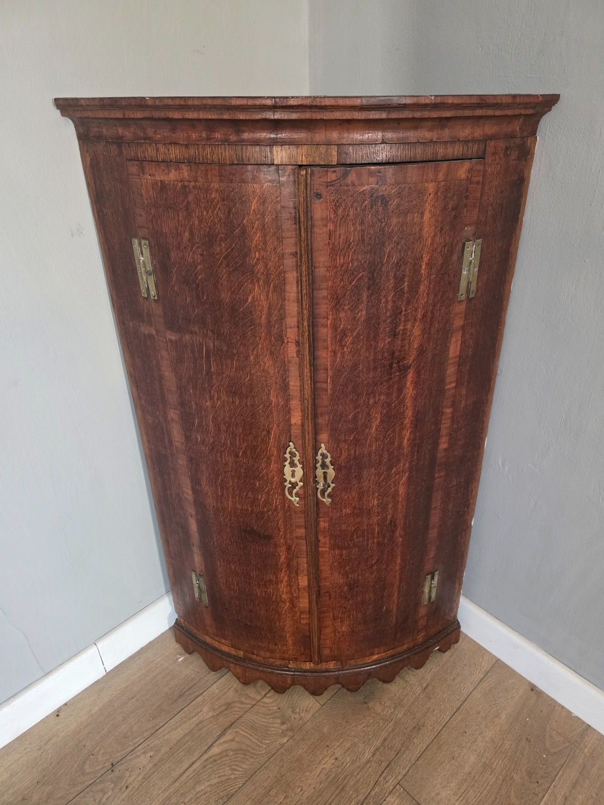 Antique George 111 Oak Cross Banded Wall Hanging Corner Cupboard Circa 1780 photo furniture