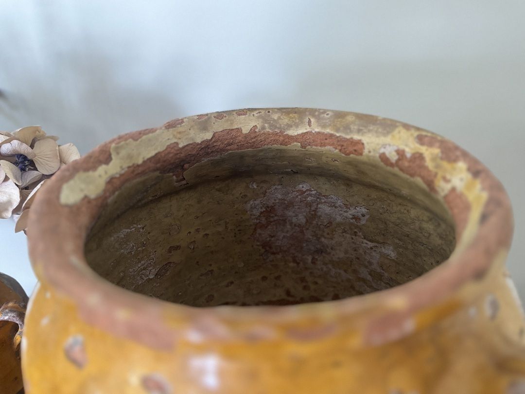 A Pair Of Yellow Glazed Antique Confit Pots photo for sale
