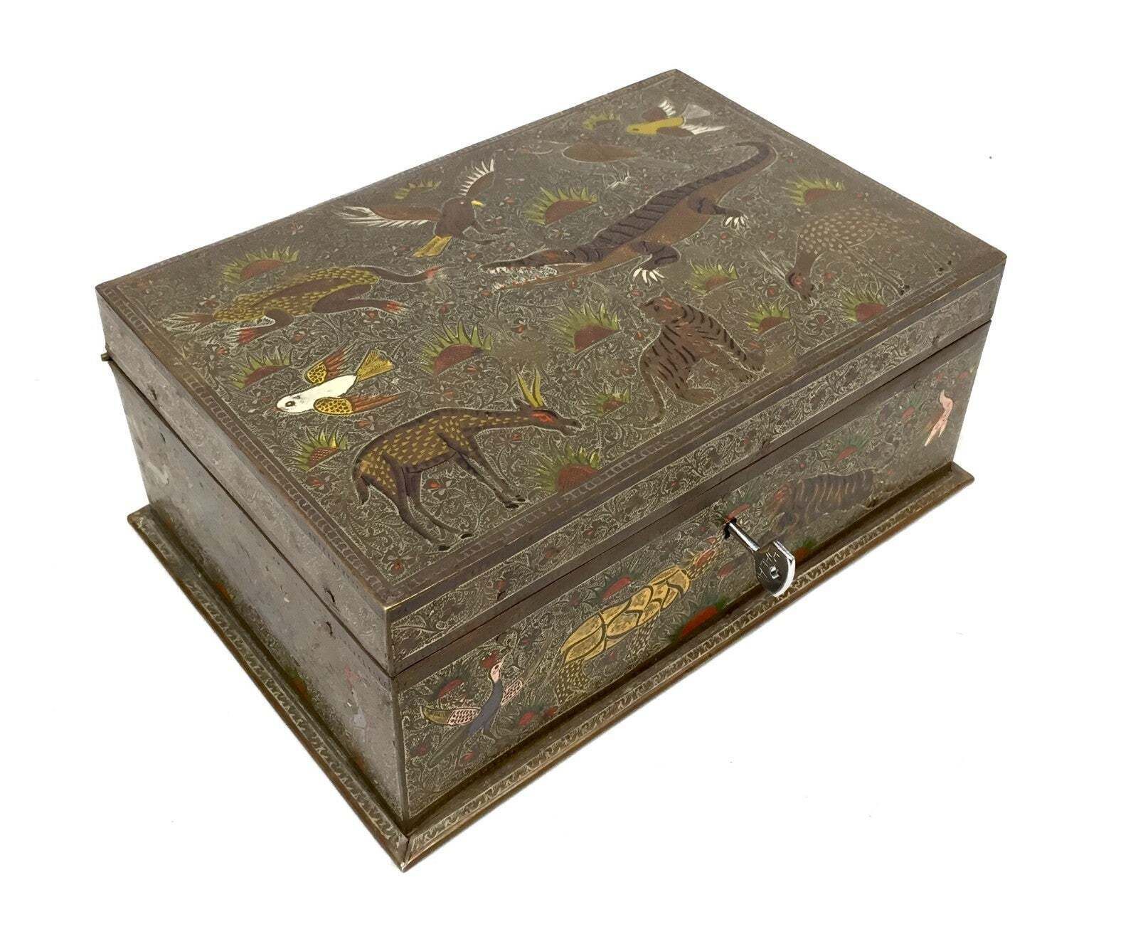 Antique Eastern Kashmiri Brass & Enamel Humidor Storage Box With Key Cedar Wood