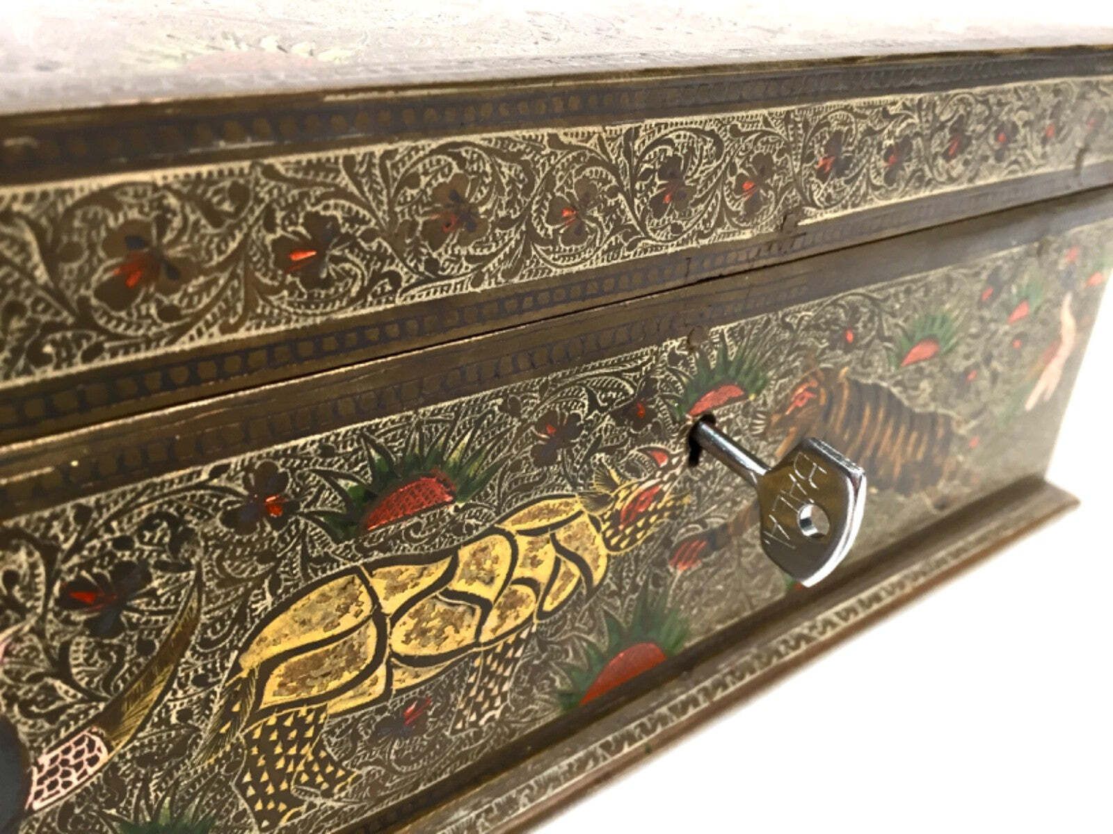 Antique Eastern Kashmiri Brass & Enamel Humidor Storage Box With Key Cedar Wood photo Home Decor