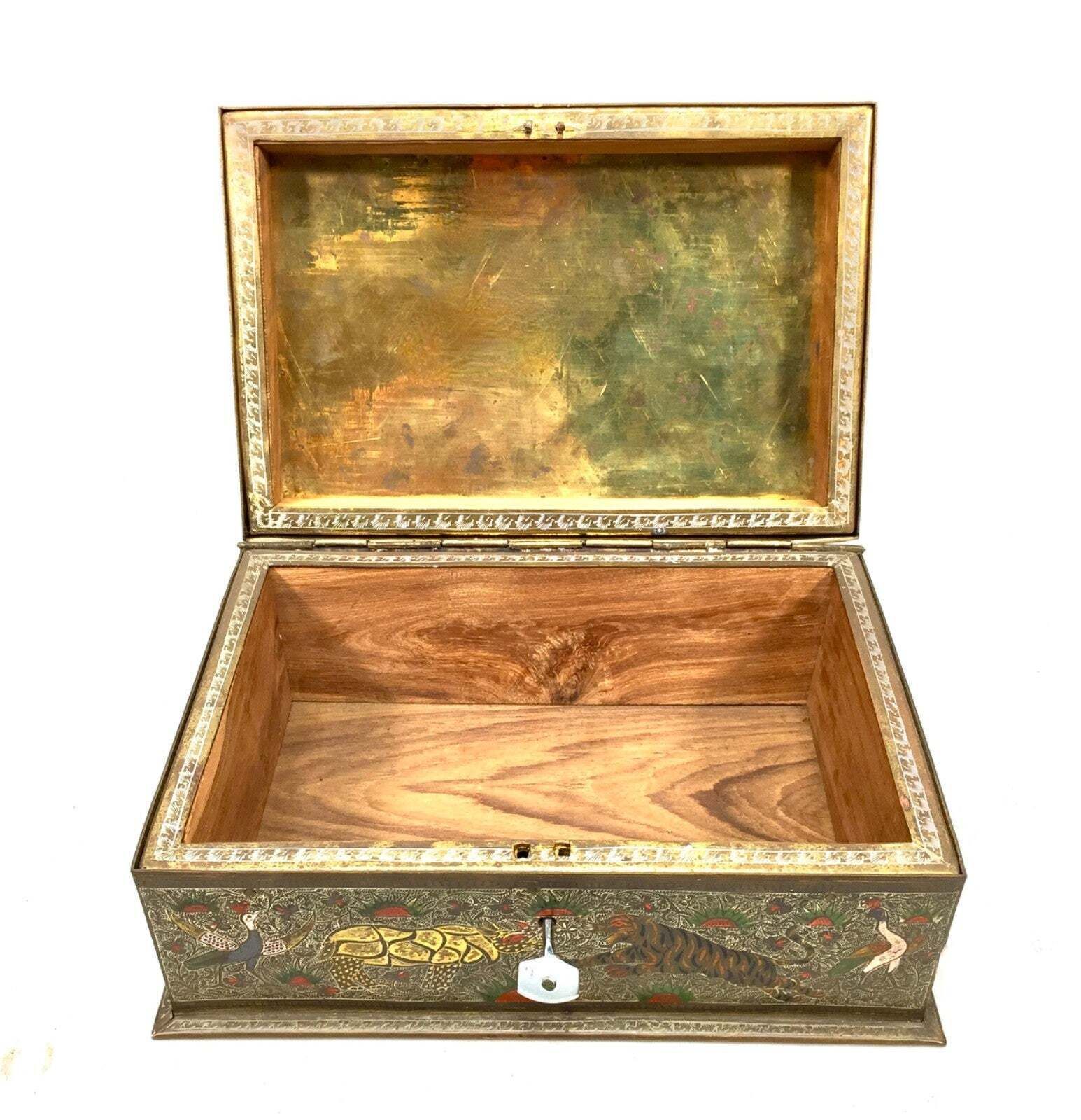 Antique Eastern Kashmiri Brass & Enamel Humidor Storage Box With Key Cedar Wood photo vintage
