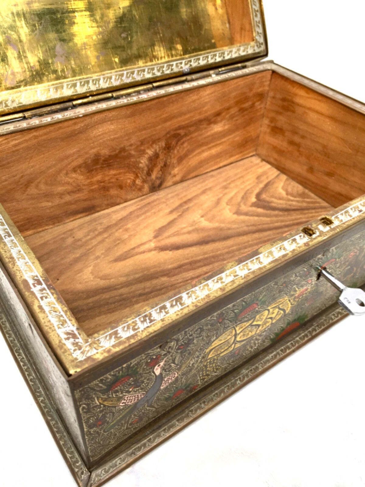 photo furniture Antique Eastern Kashmiri Brass & Enamel Humidor Storage Box With Key Cedar Wood
