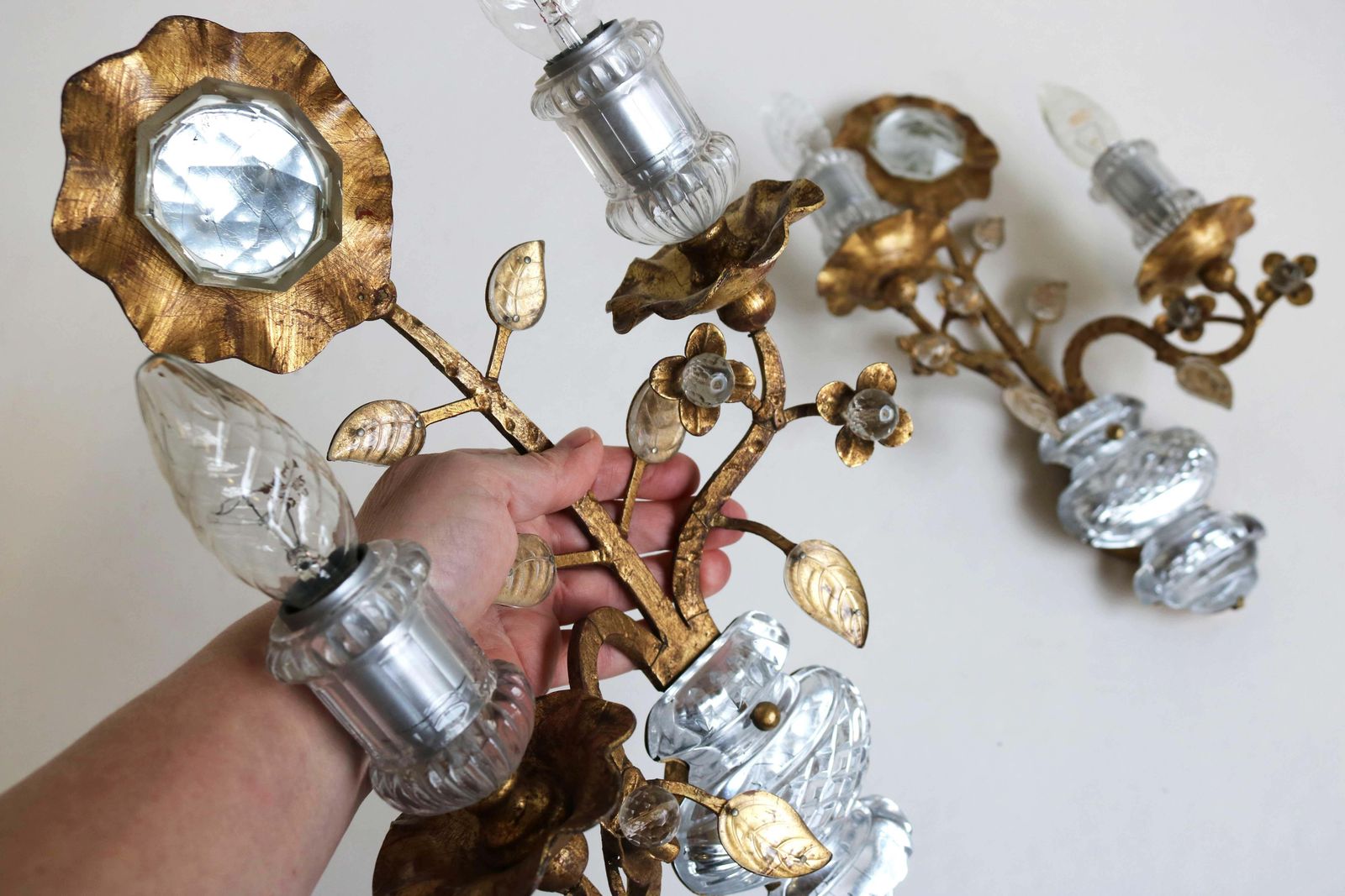Rare Maison Baguès Set Of Two Gilt ‘Rose’ Scones French Crystal Wall Lamps 1960s photo for sale