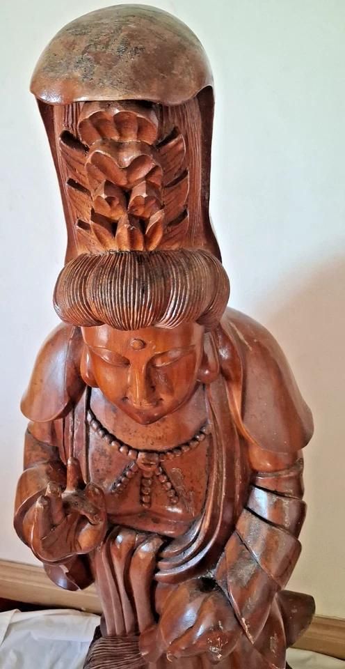 Antique Large Wood Carved Guan Yin Buddha Statue 102cm Height photo 950.0