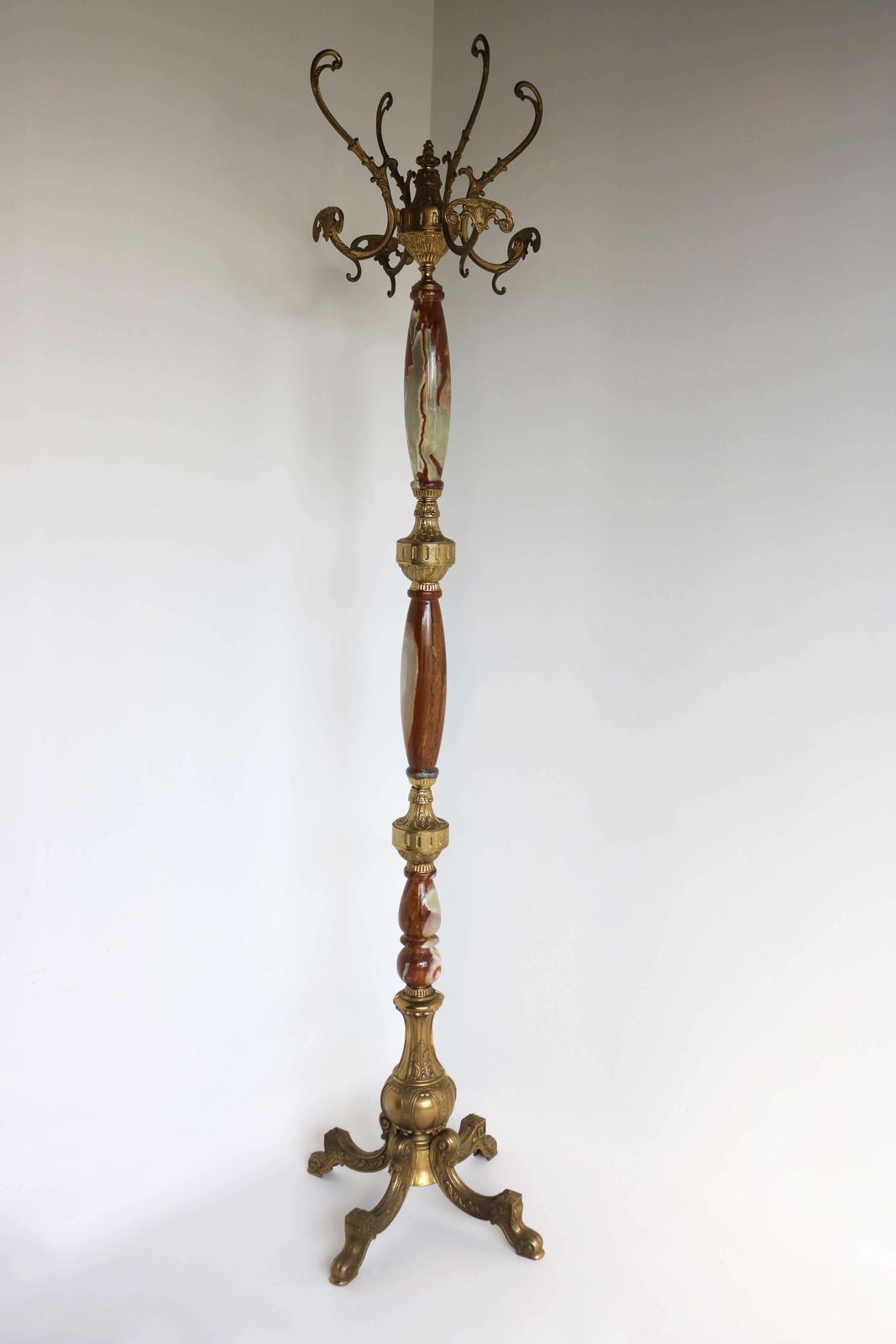 Italian Ornate Antique Brass & Onyx Brown Marble Coat Hat Rack Hall Tree, 1950s photo furniture