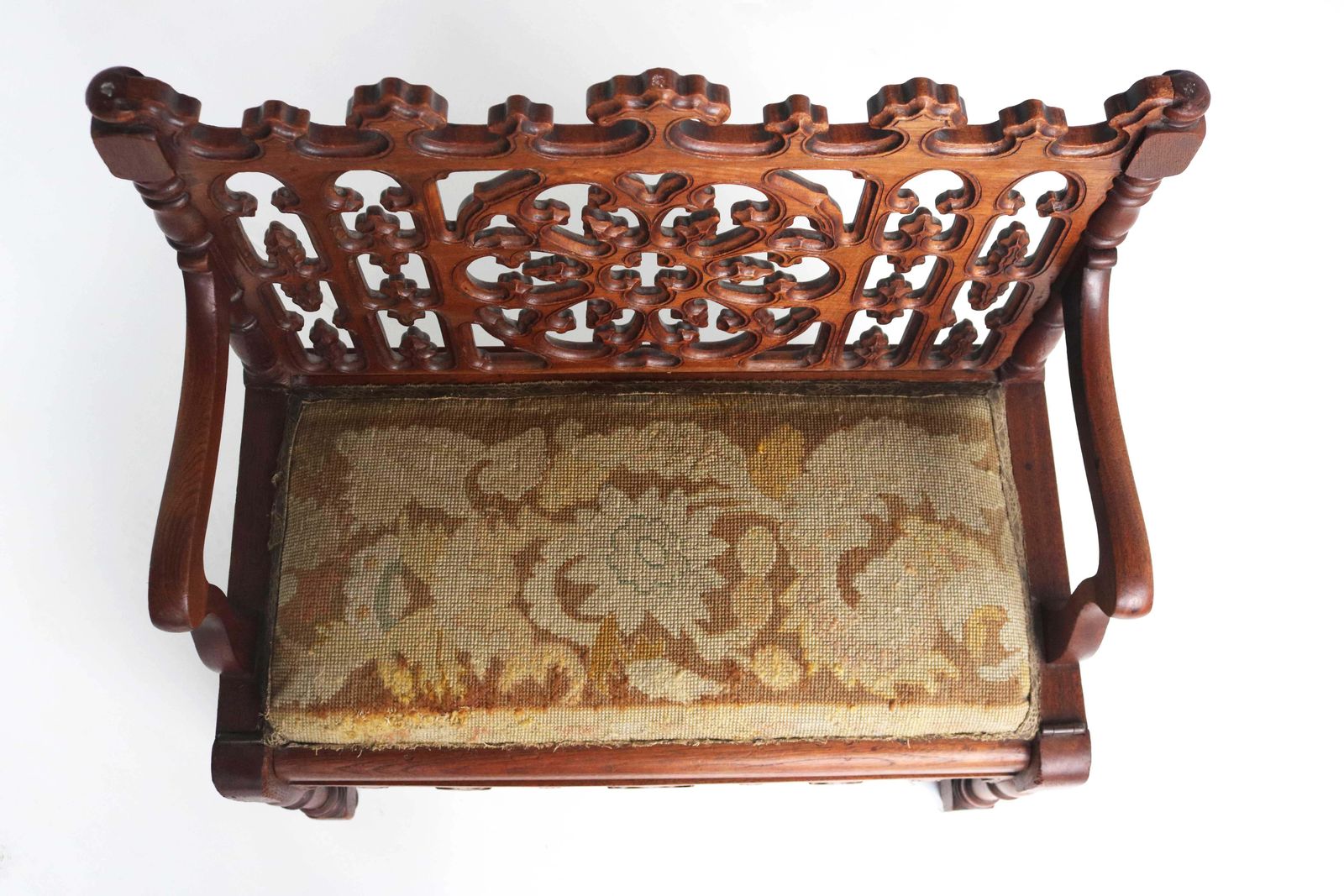 Furniture Petite Antique French Gothic Revival Wood Hall Bench Child Settle Library Steps photo
