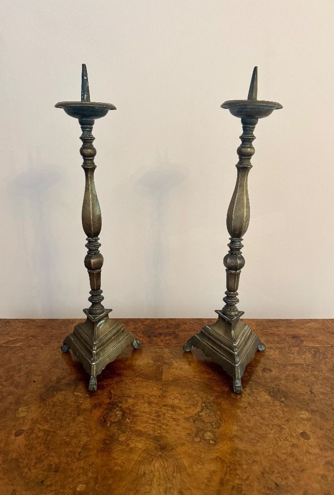 Large Quality Pair Of Antique Regency Brass Pricket Candlesticks photo 425.0