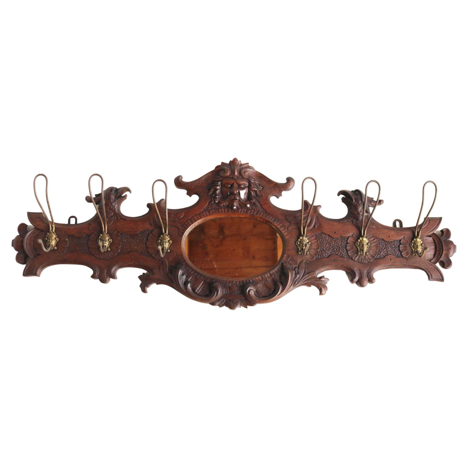 Antique Coat Rack Wood Carved Mask And Eagle, Mirror, Brass Hooks 19th Century photo vintage