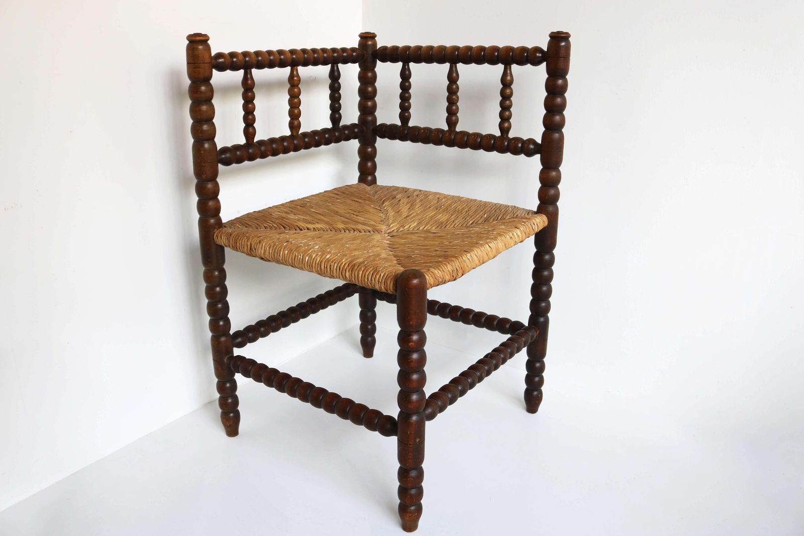 Antique Set , Three Rush Seat Oak Corner Bobbin Side Knitting Chairs With Table photo Furniture