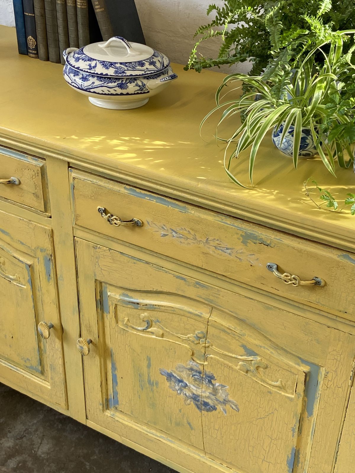 photo for sale Sideboard Yellow With Blue Roses
