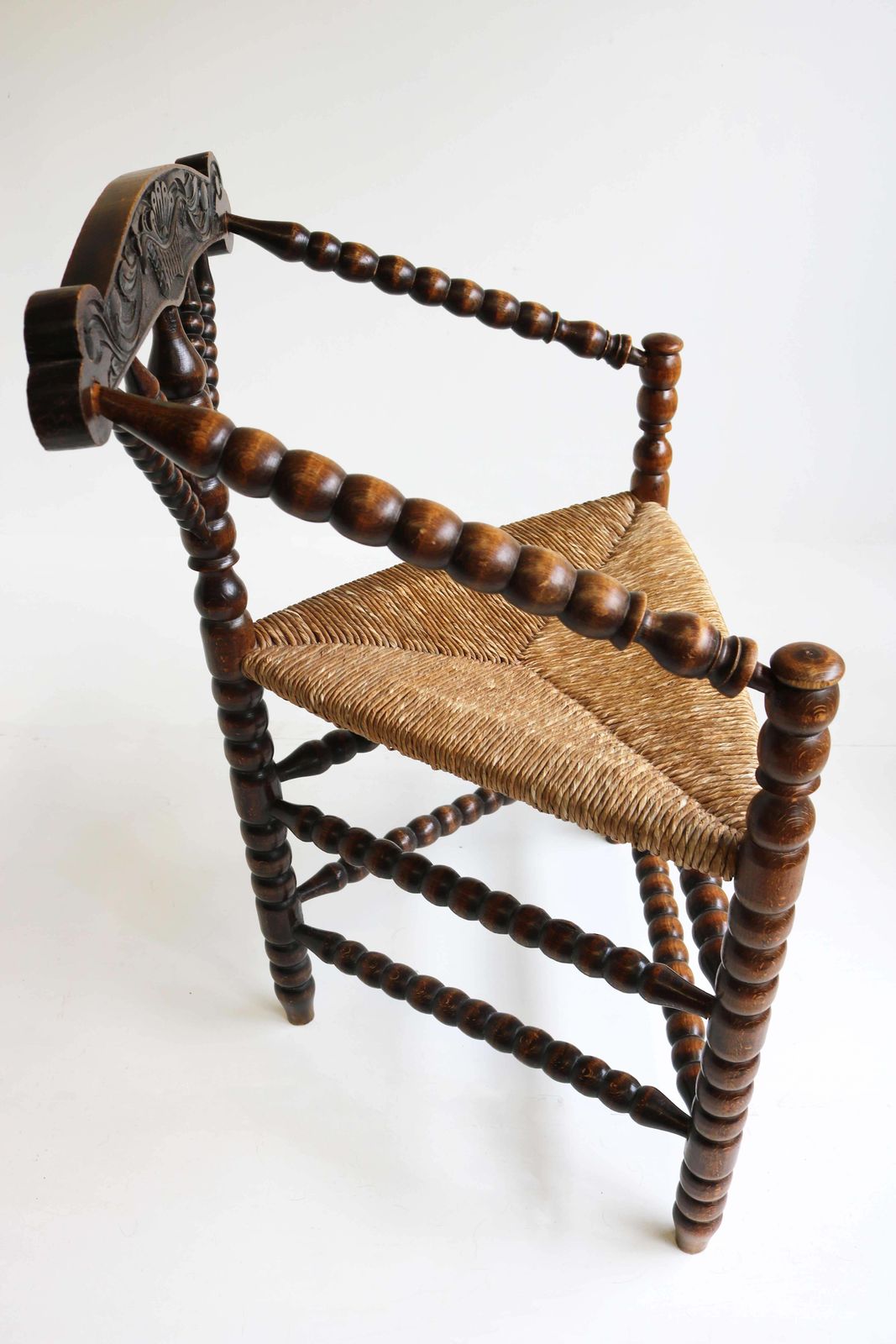 Antique Dutch Triangular Turned Bobbin Corner Chair Rush Seat Knitting Armchair photo vinterior
