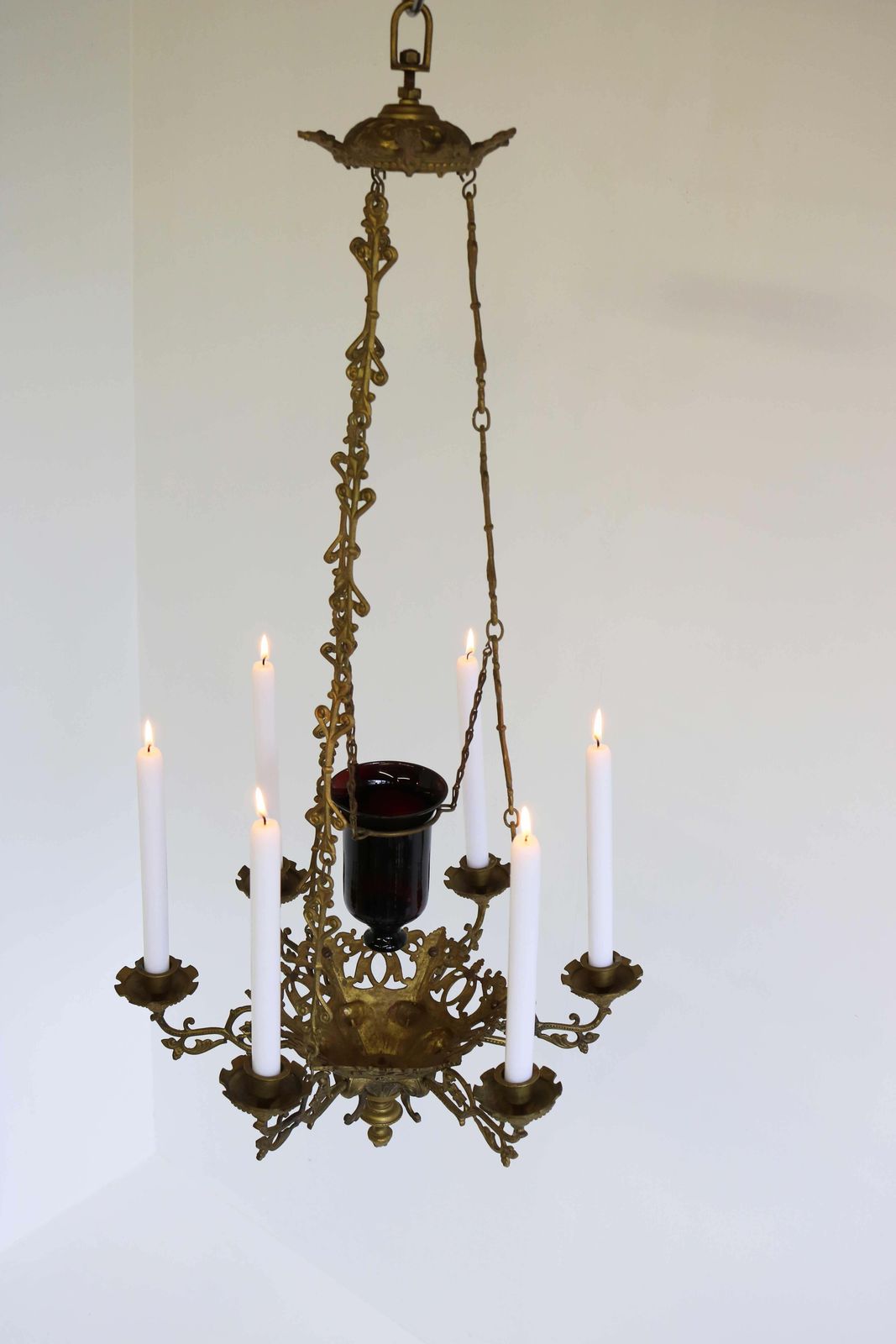 Lighting God Lamp / Church Chandelier Brass Early 20th Century Sanctuary Lamp Art Nouveau photo