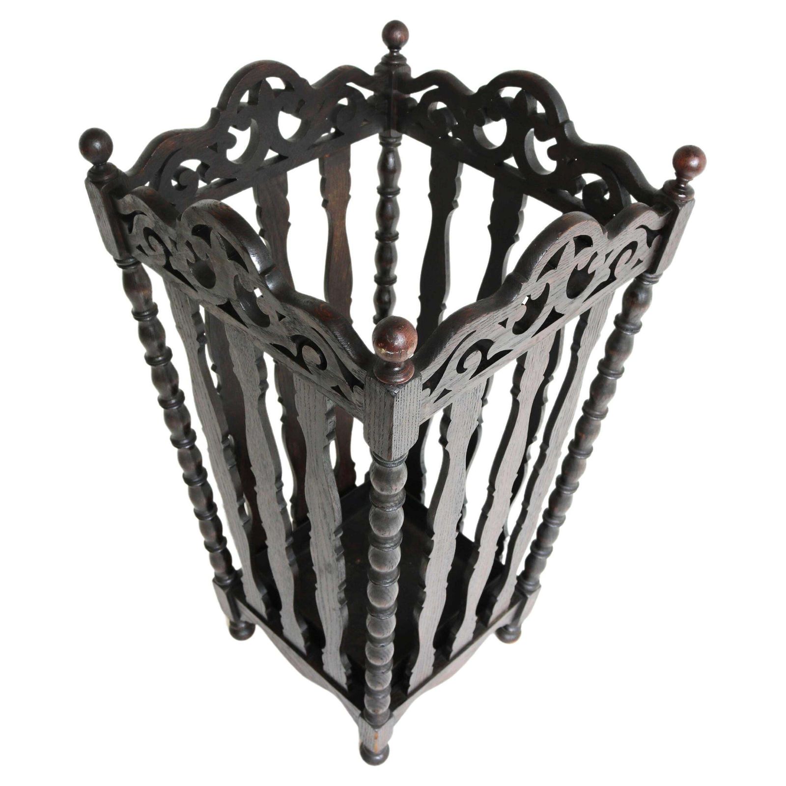 Early 20th Century French Oakwood Umbrella Cane Stick Hall Stand, Drip Tray